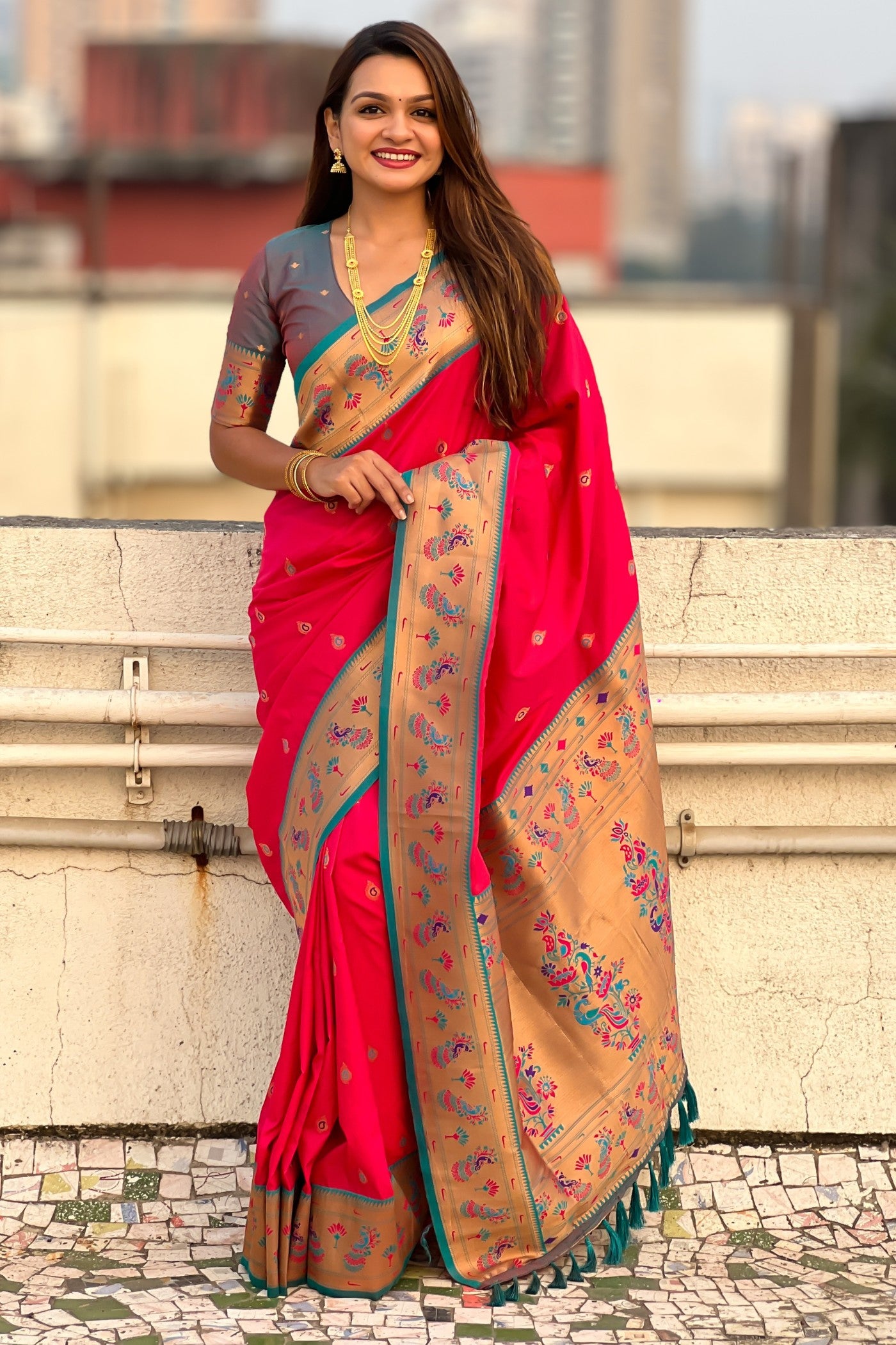 Buy MySilkLove Red Ribbon Lotus Paithani Saree Online