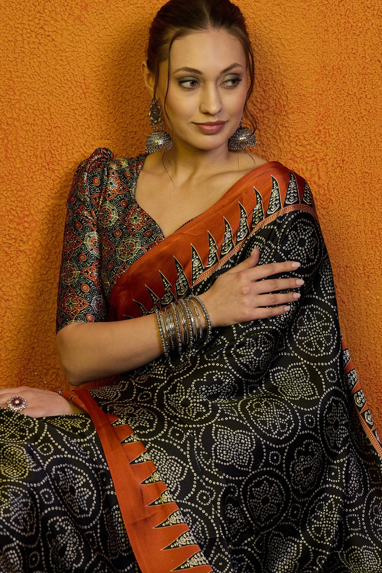 Buy MySilkLove Code Black Printed Ajrakh Satin Crepe Saree Online