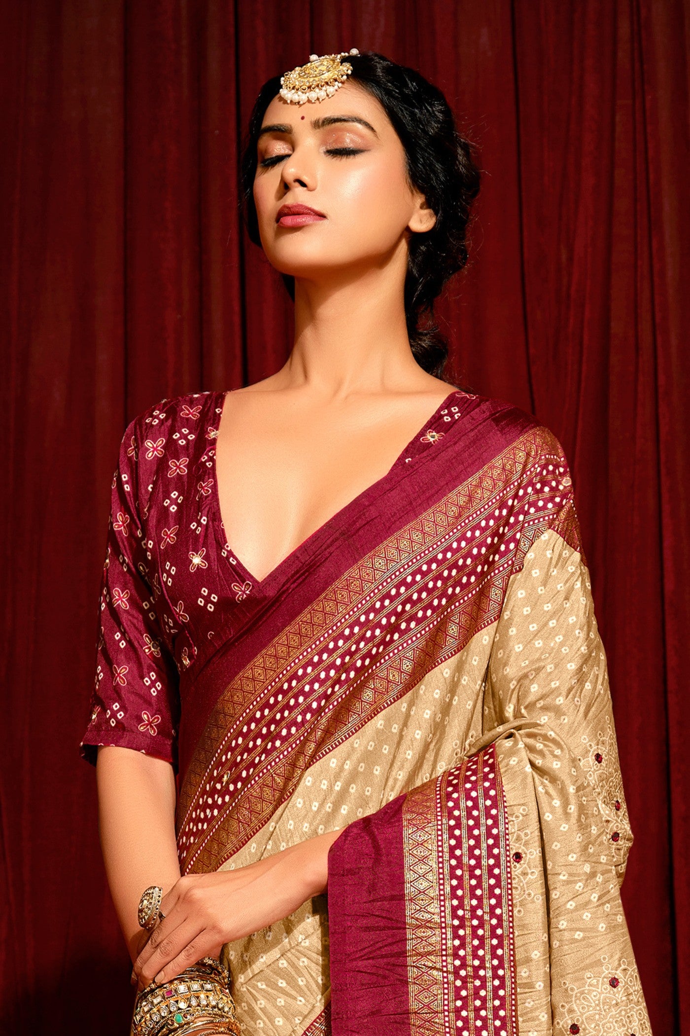 Buy MySilkLove Marble Cream Tussar Bandhani Silk Saree Online