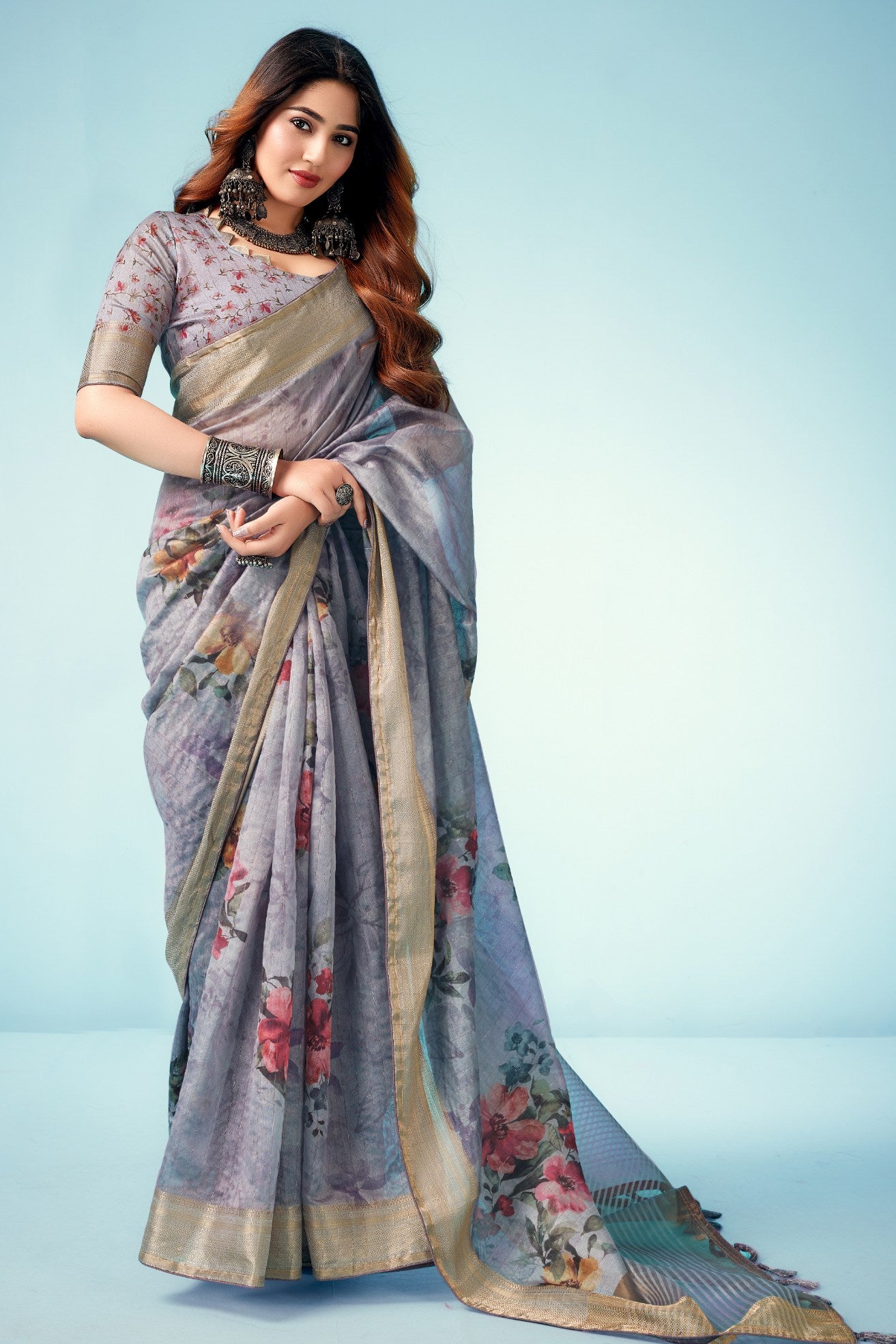 Buy MySilkLove Chatelle Grey Floral Linen Saree Online