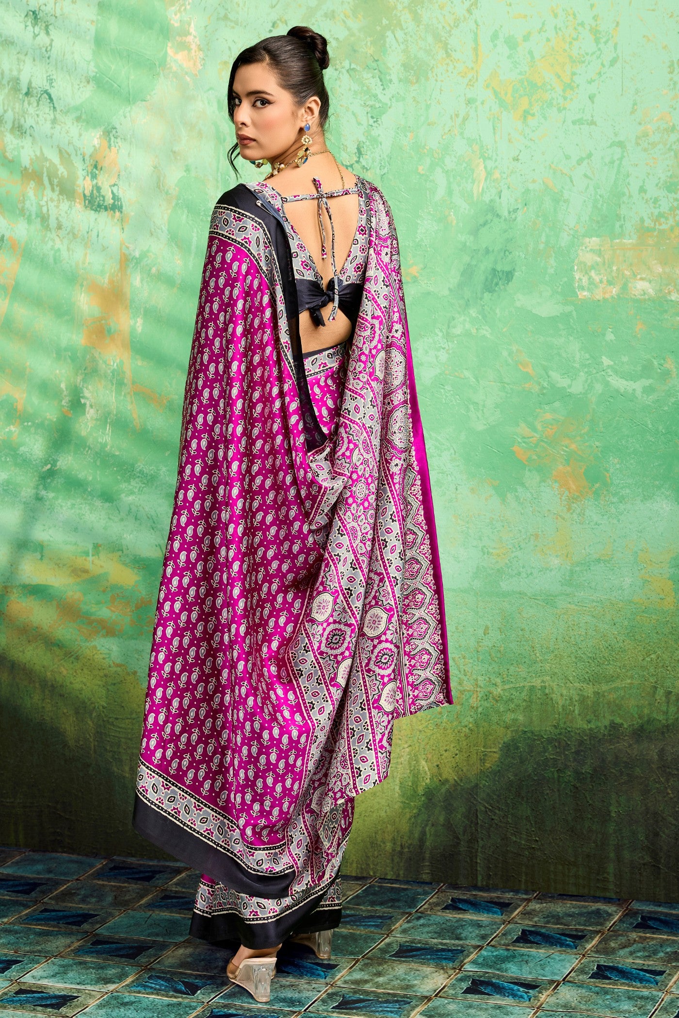 Buy MySilkLove Eminence Purple Modal Ajrakh Satin Printed Silk Saree Online