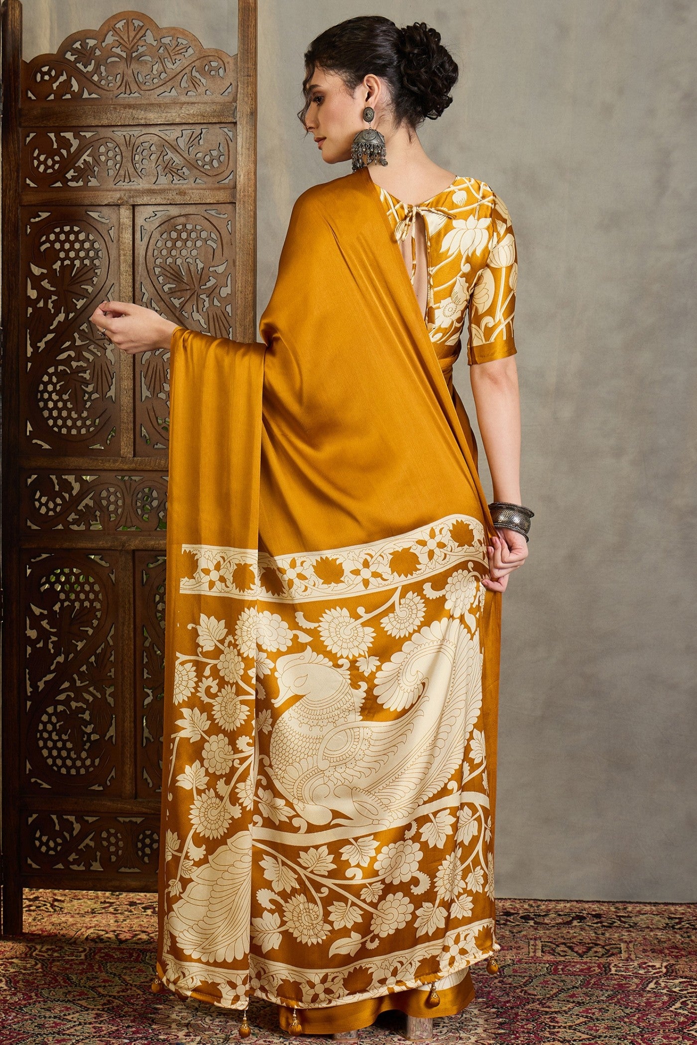Buy MySilkLove Pineapple Yellow Kalamkari Printed Satin Silk Saree Online