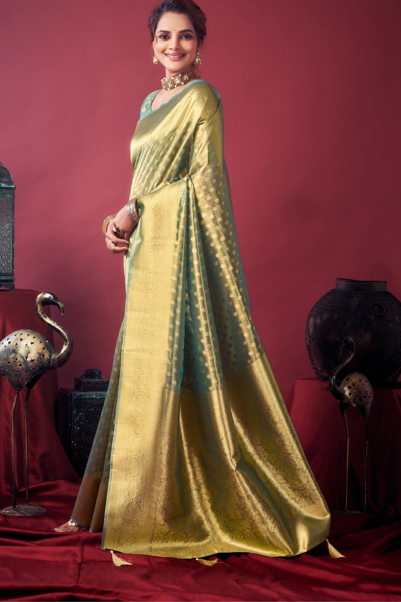 Buy MySilkLove Pine Green Handloom Tissue Silk Saree Online