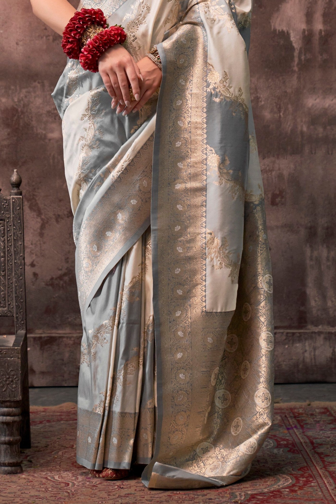 Buy MySilkLove Pale Oyster Grey Rangkaat Handloom Banarasi Saree Online