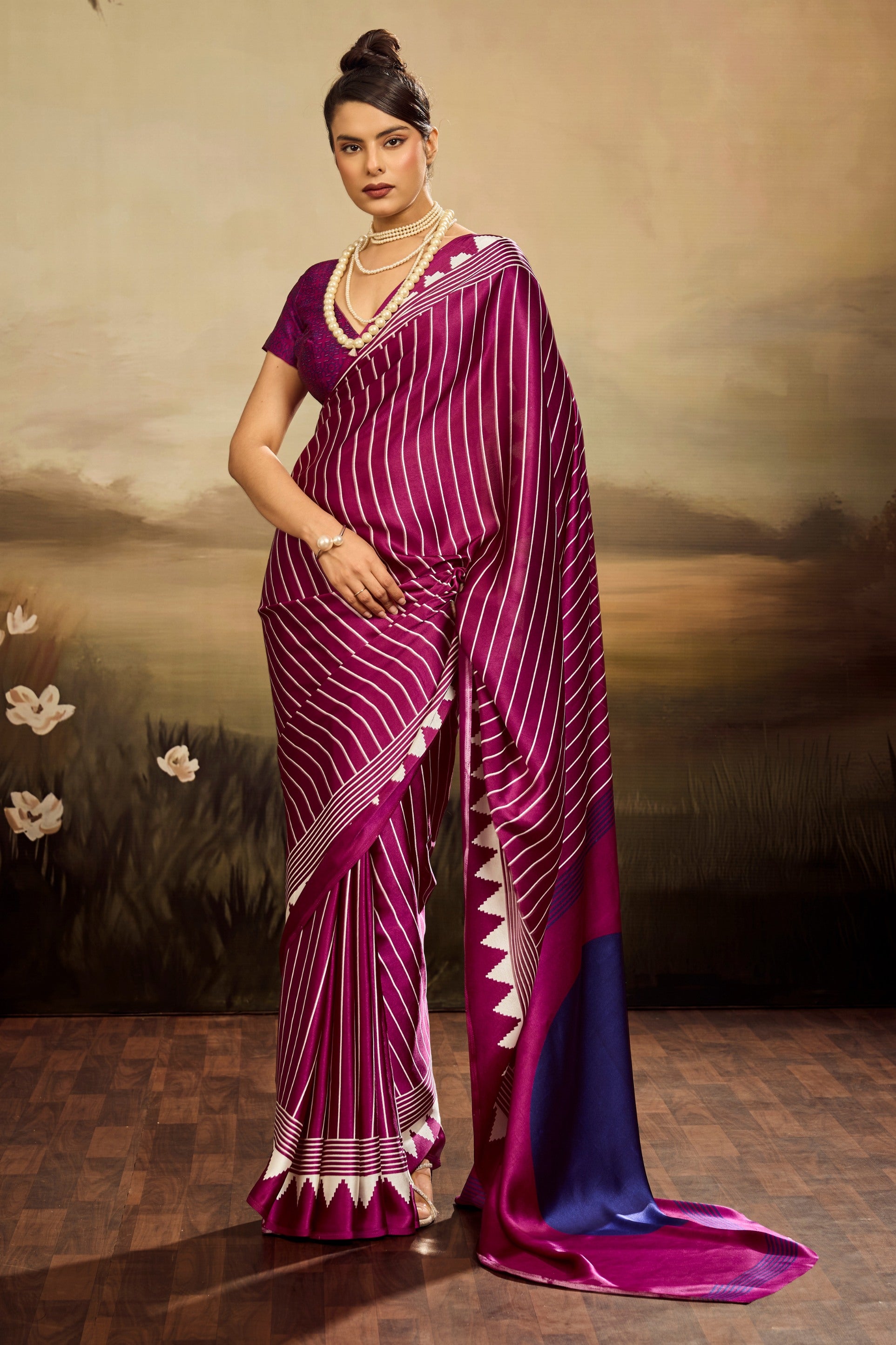 Buy MySilkLove Honey Flower Purple Ajrakh Printed Satin Crepe Silk Saree Online
