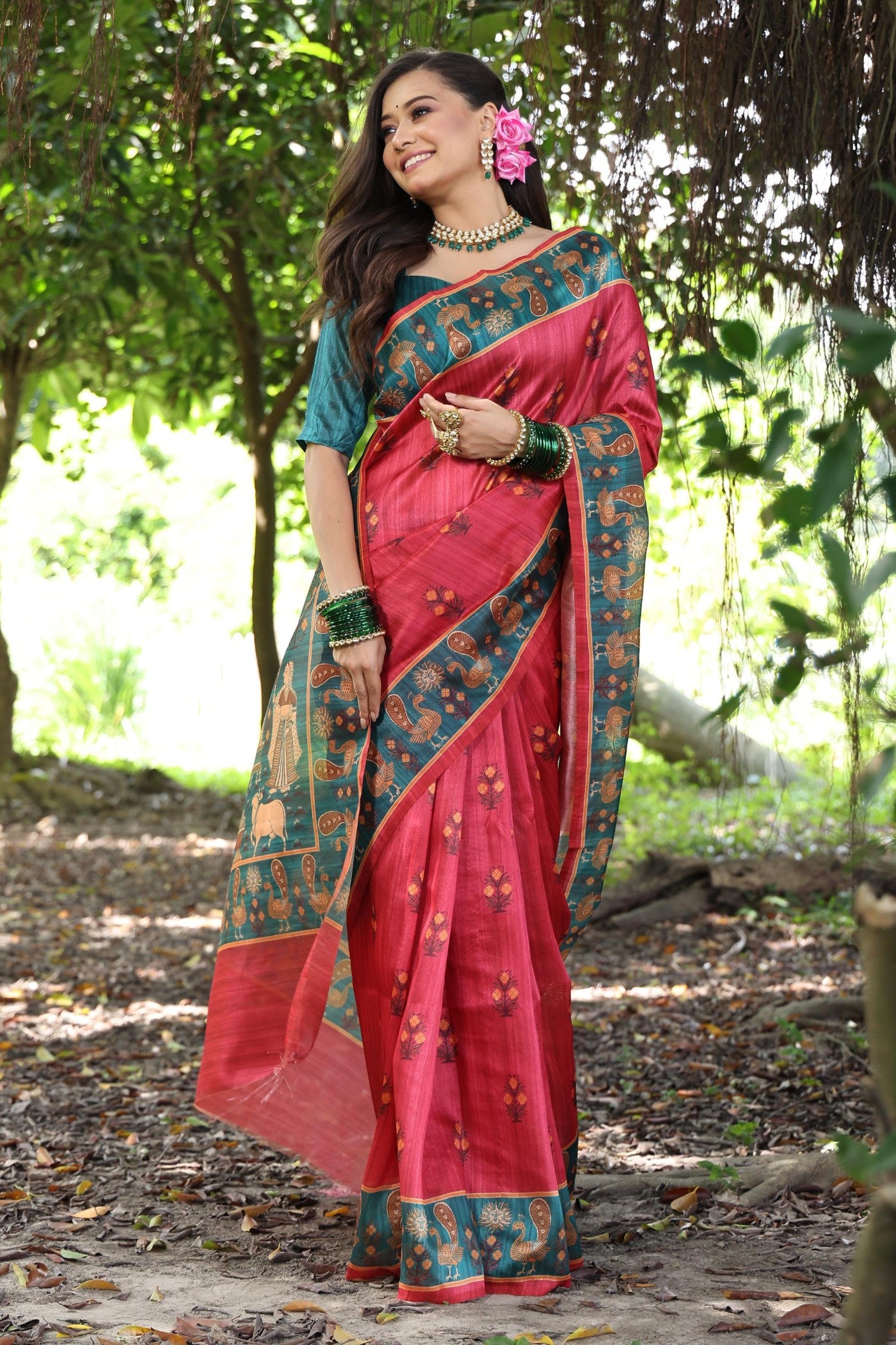 Buy MySilkLove Imperial Red Madhubani Tussar Printed Silk Saree Online