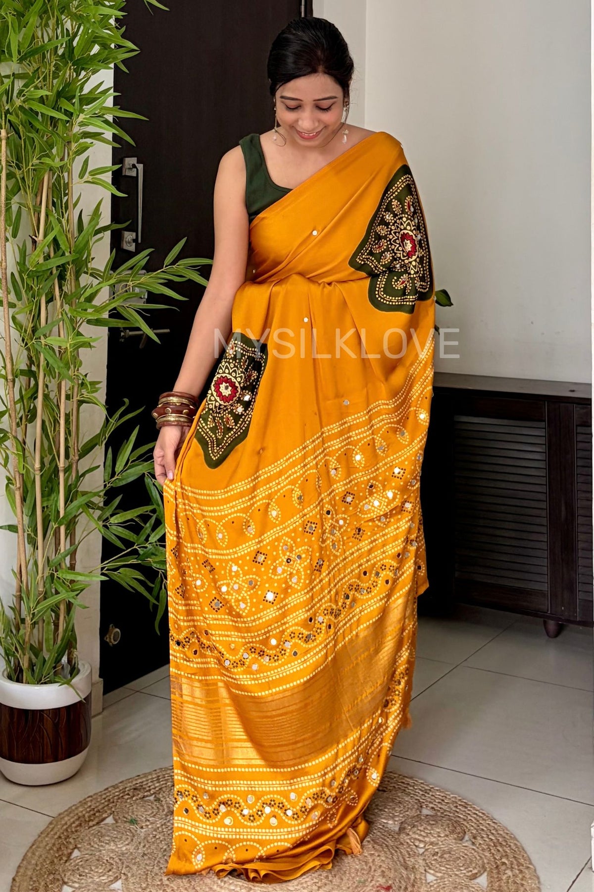 Buy MySilkLove Canary Yellow Satin Printed Bandhani Mirror Work Saree Online
