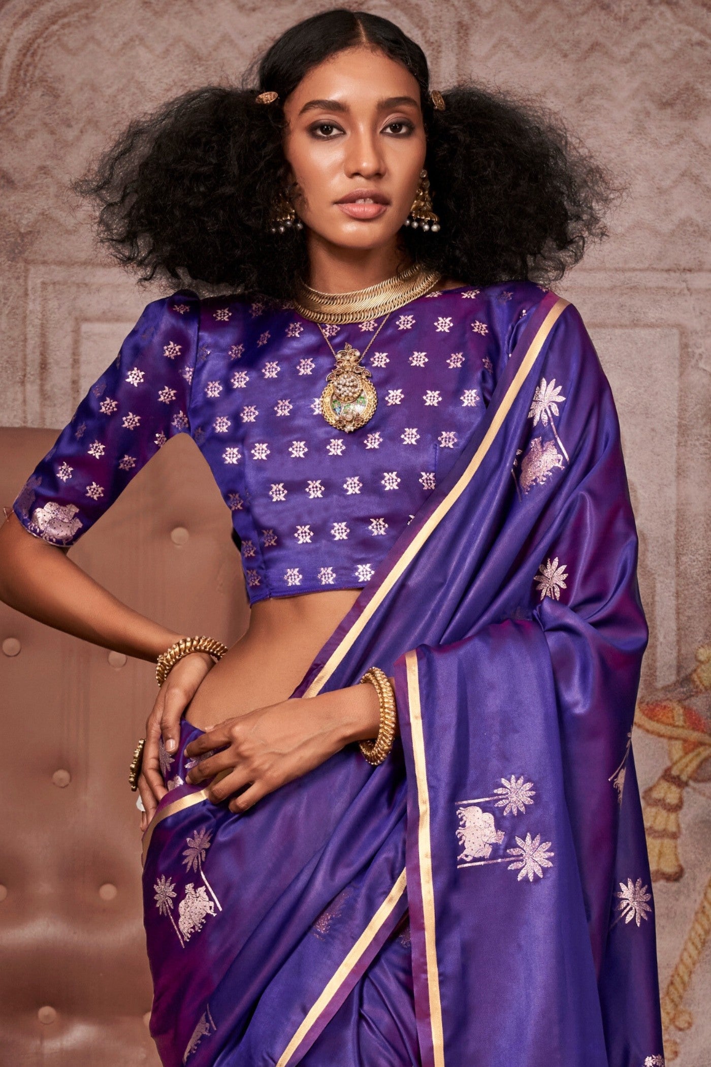 Buy MySilkLove Violet Purple Banarasi Pichwai Satin Saree Online