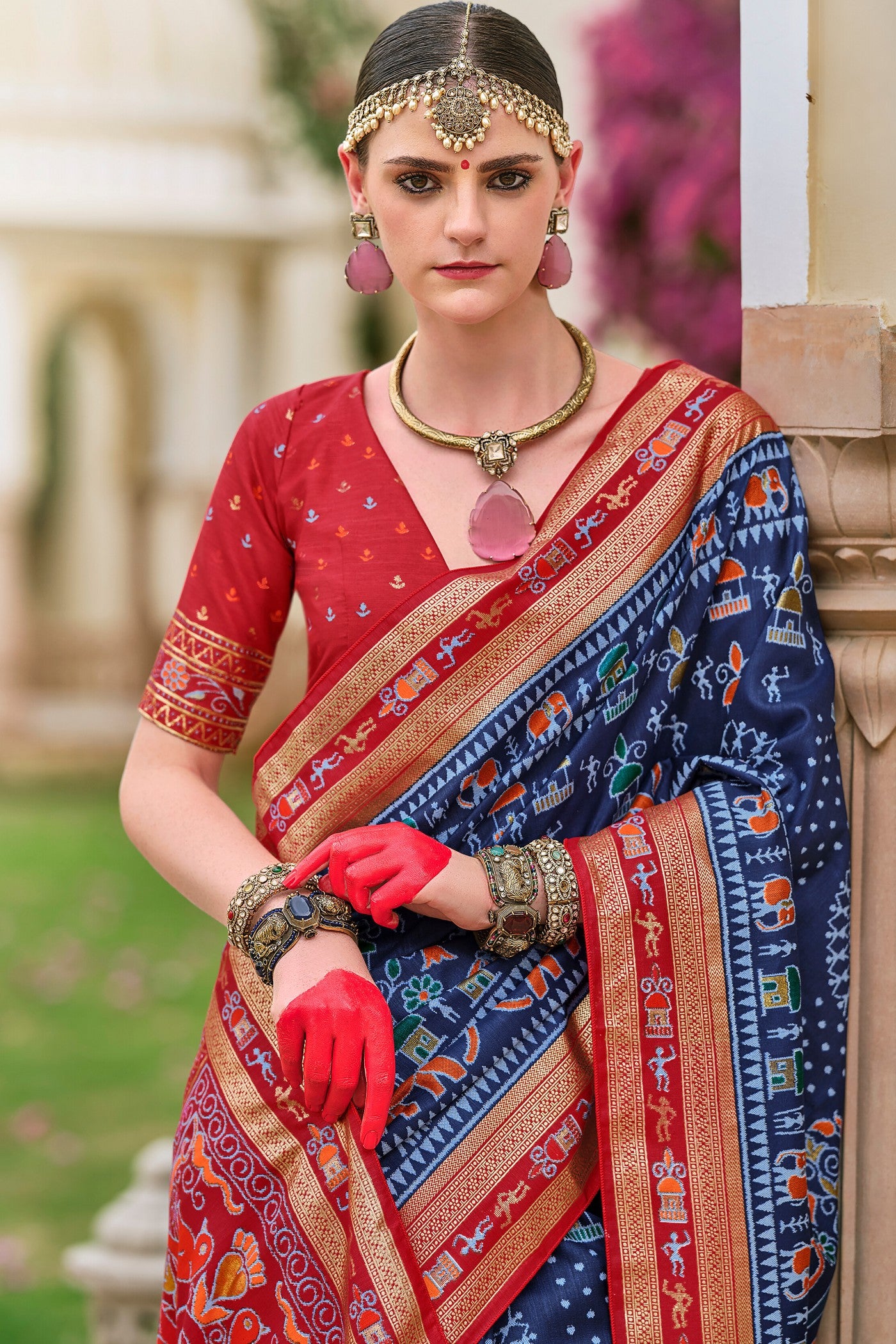 MySilkLove Oxford Blue and Red Printed Patola Saree