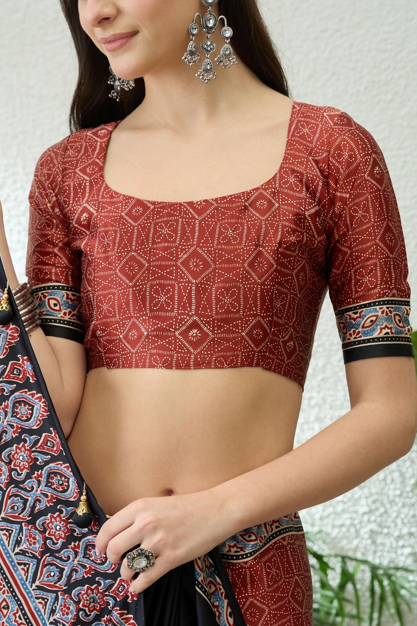 Buy MySilkLove Jet Black and Red Modal Ajrakh Satin Printed Silk Saree Online