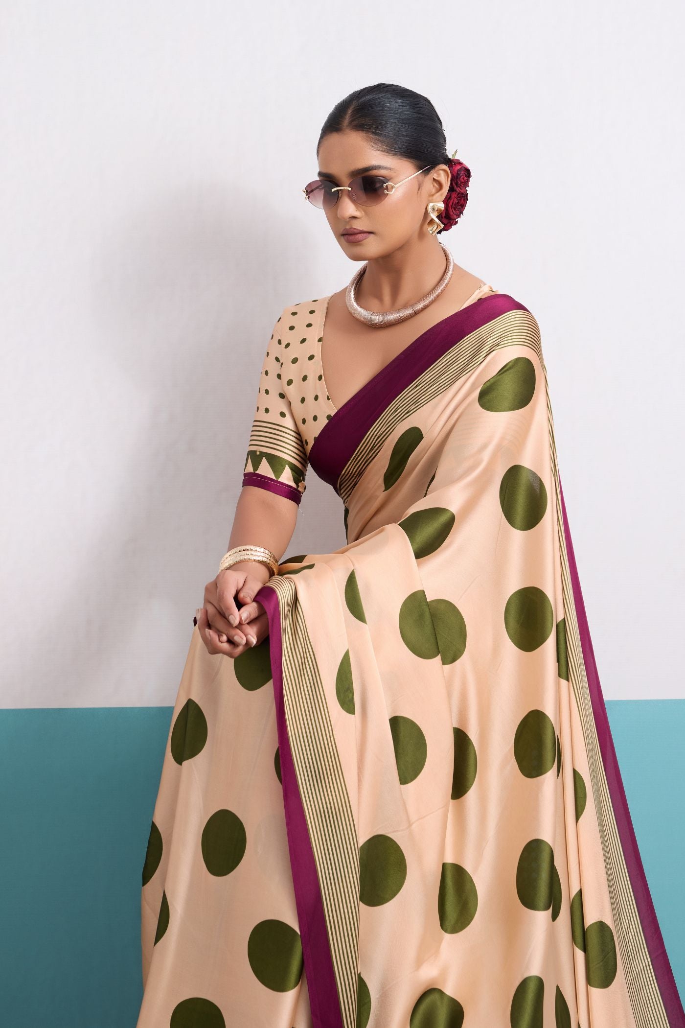 Buy MySilkLove Frosted Cream and Green Polka Dots Satin Crepe Saree Online