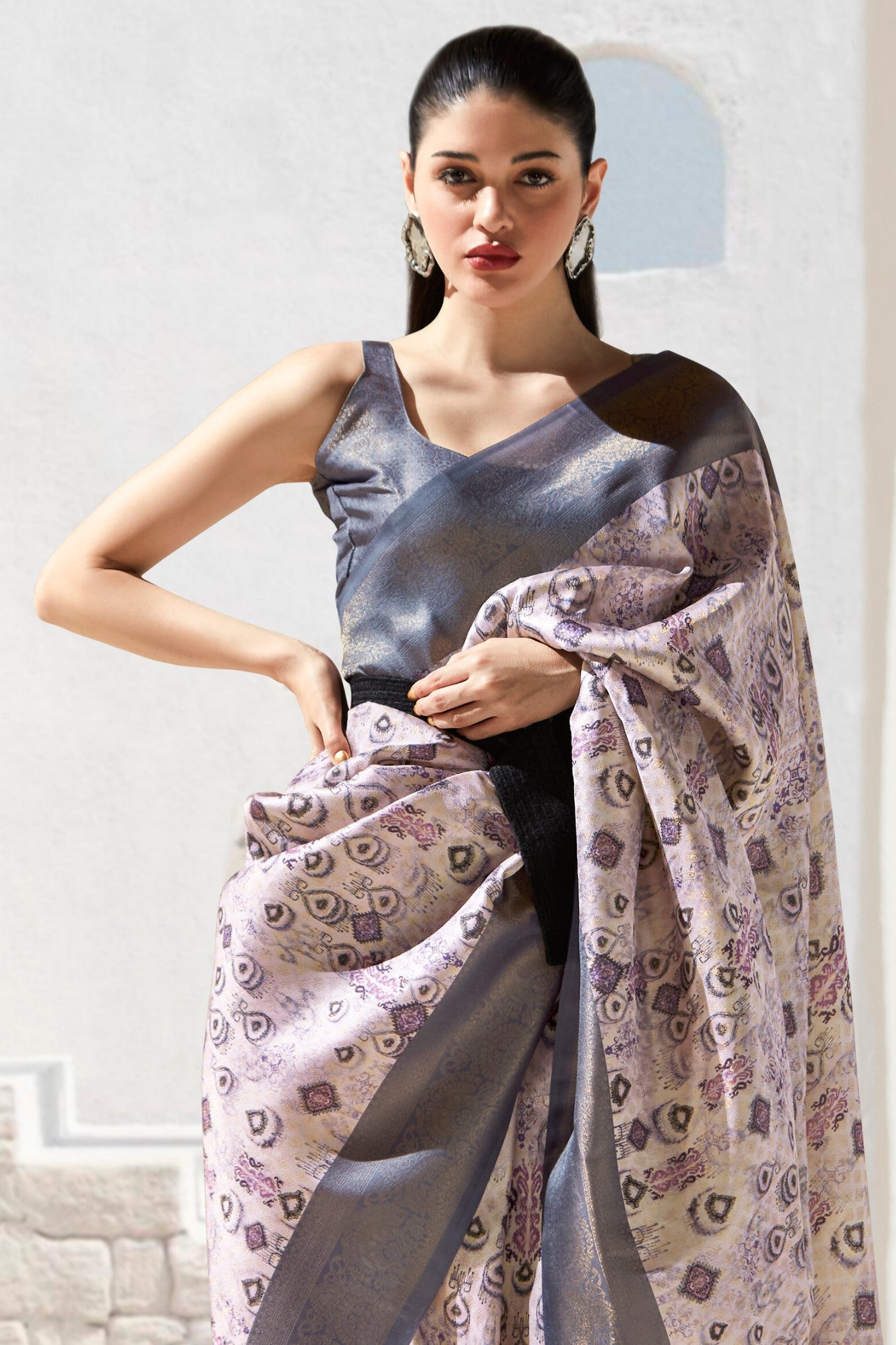 Buy MySilkLove Hemp Cream and Grey Banarasi Digital Printed Saree Online