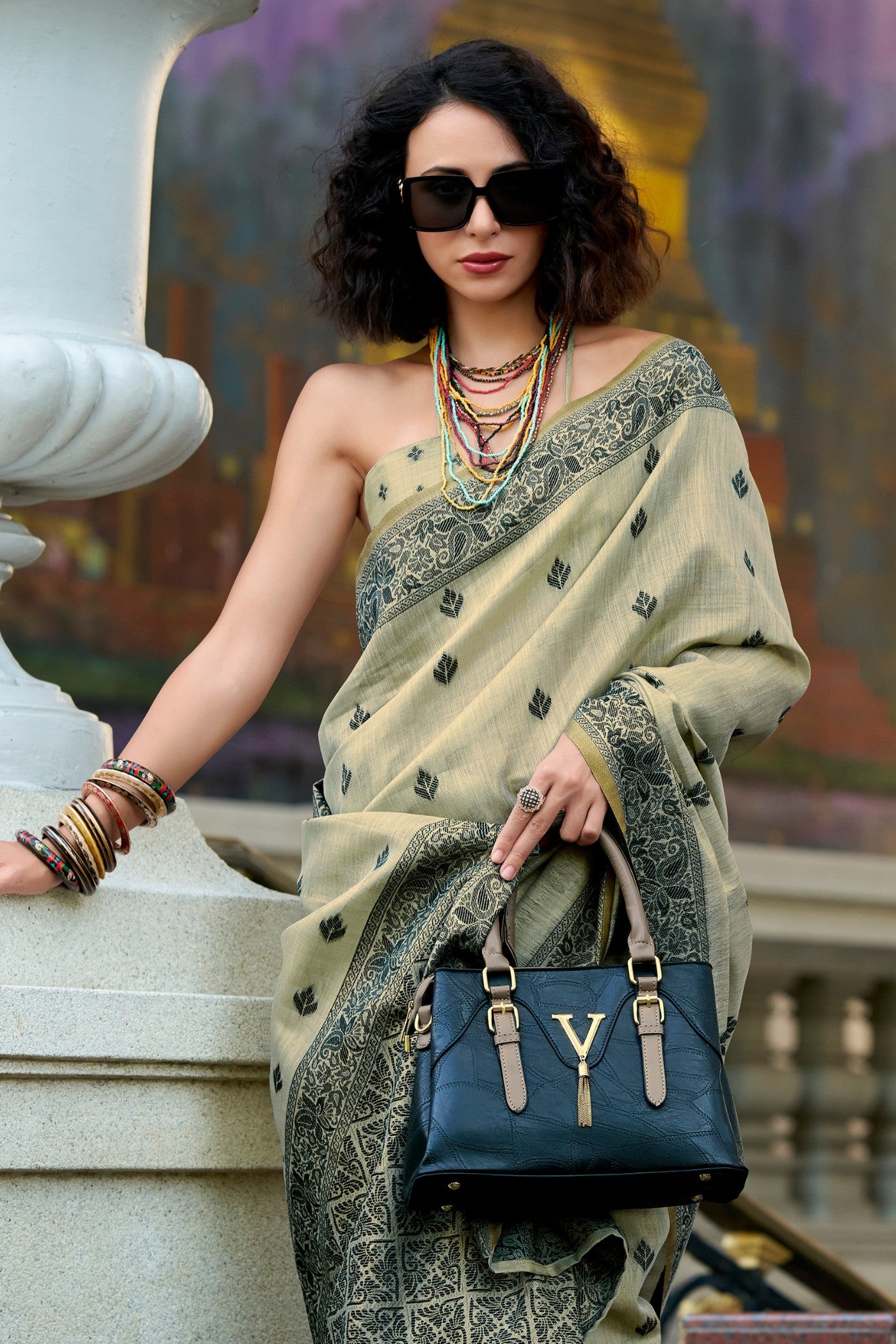 Buy MySilkLove Glaucous Grey Tissue Linen Saree Online