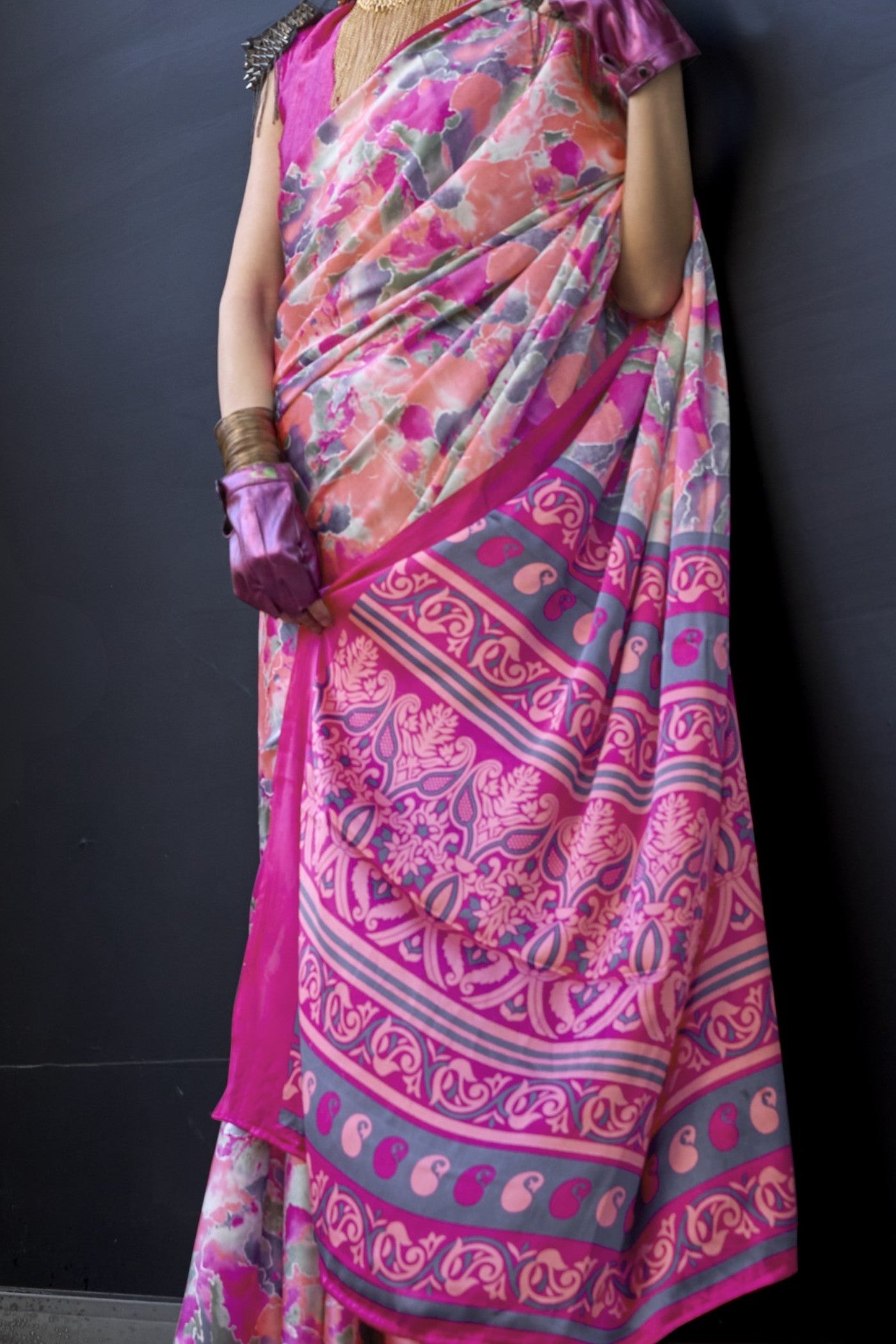 Buy MySilkLove Punch Pink Printed Satin Crepe Silk Saree Online