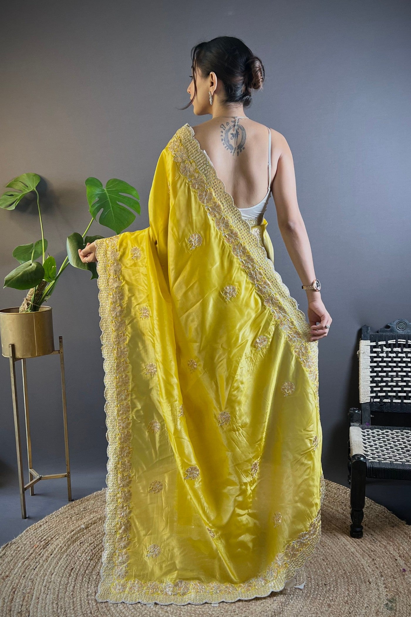 Buy MySilkLove Old Gold Yellow Embroidered Party Wear Saree Online