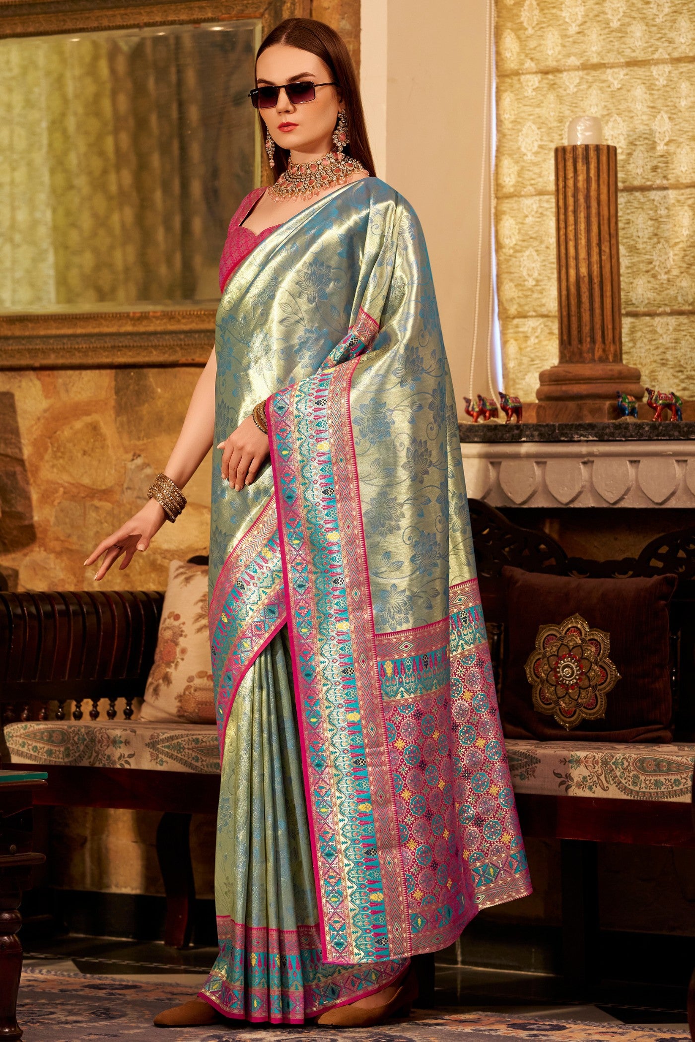 Buy MySilkLove Pear Green Zari Woven Tissue Silk Saree Online