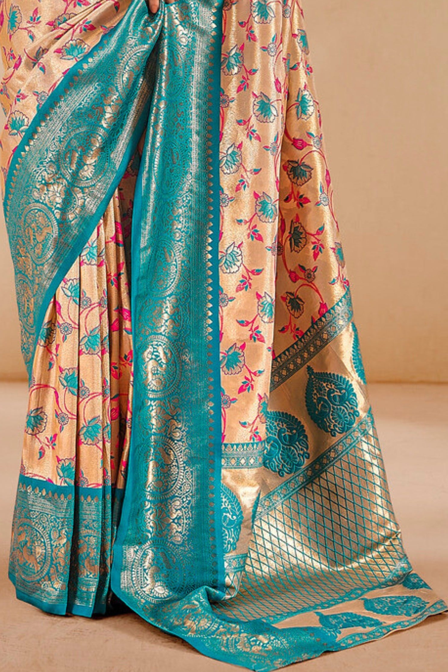 Buy MySilkLove Sandy Beach Cream and Blue Zari Woven Banarasi Saree Online