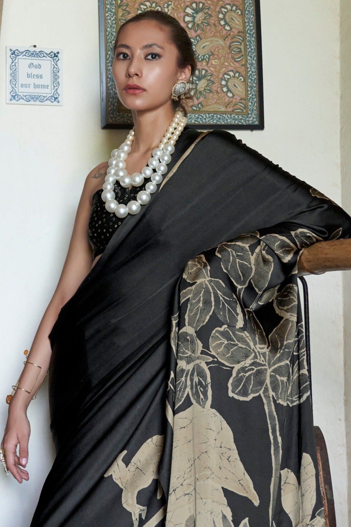 Buy MySilkLove Soot Black Printed Satin Crepe Silk Saree Online
