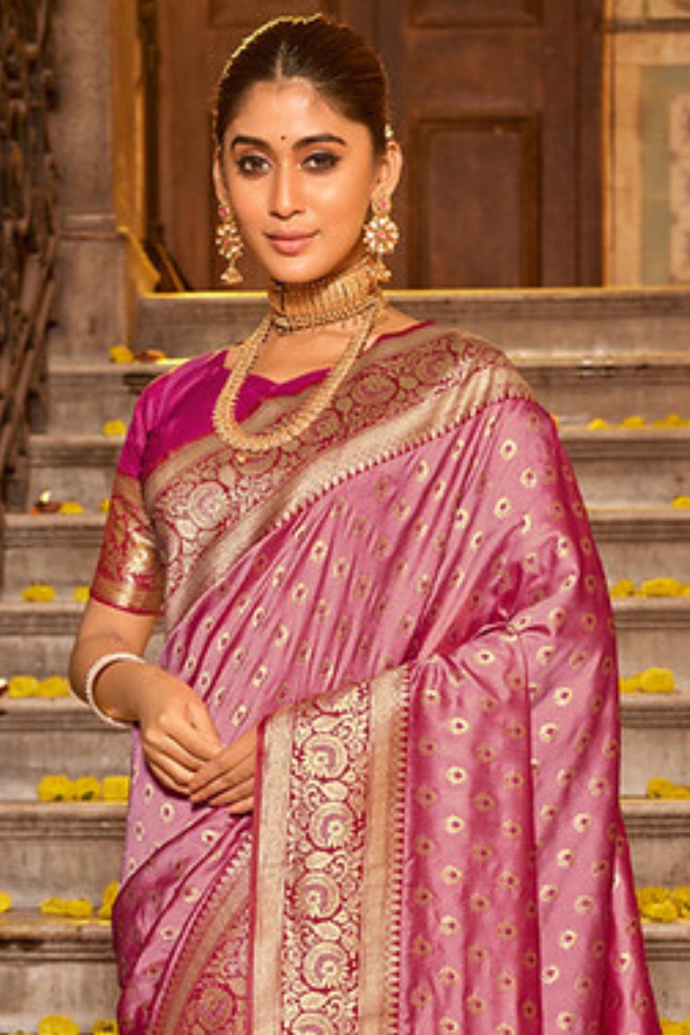 MySilkLove Contessa Pink Zari Woven Banarasi Saree