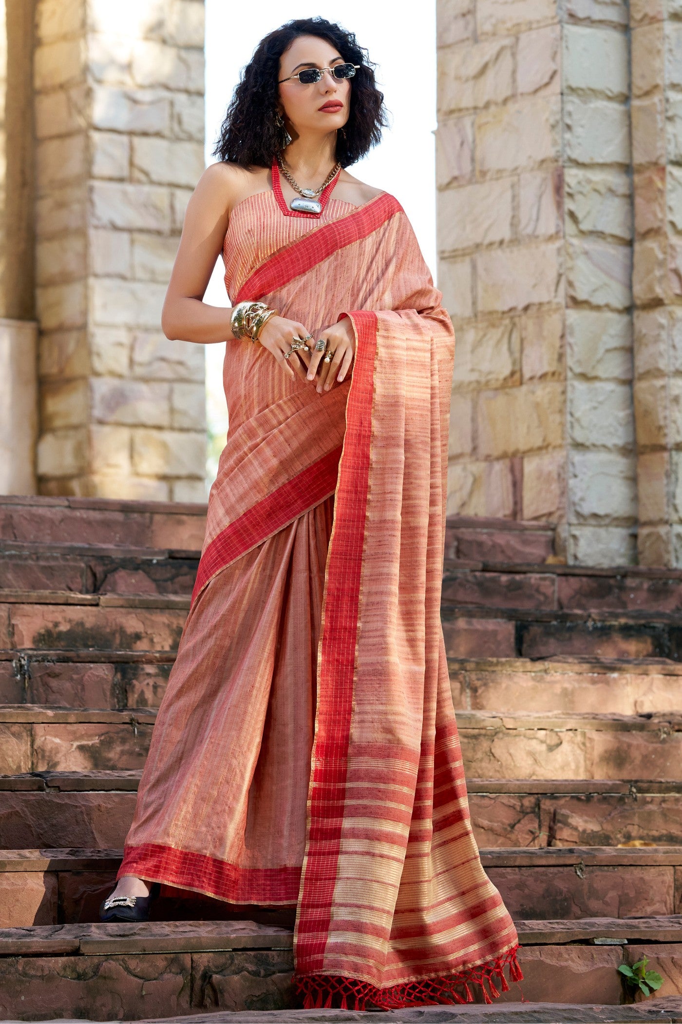 Buy MySilkLove Burning Sand Peach Handloom Katan Saree Online