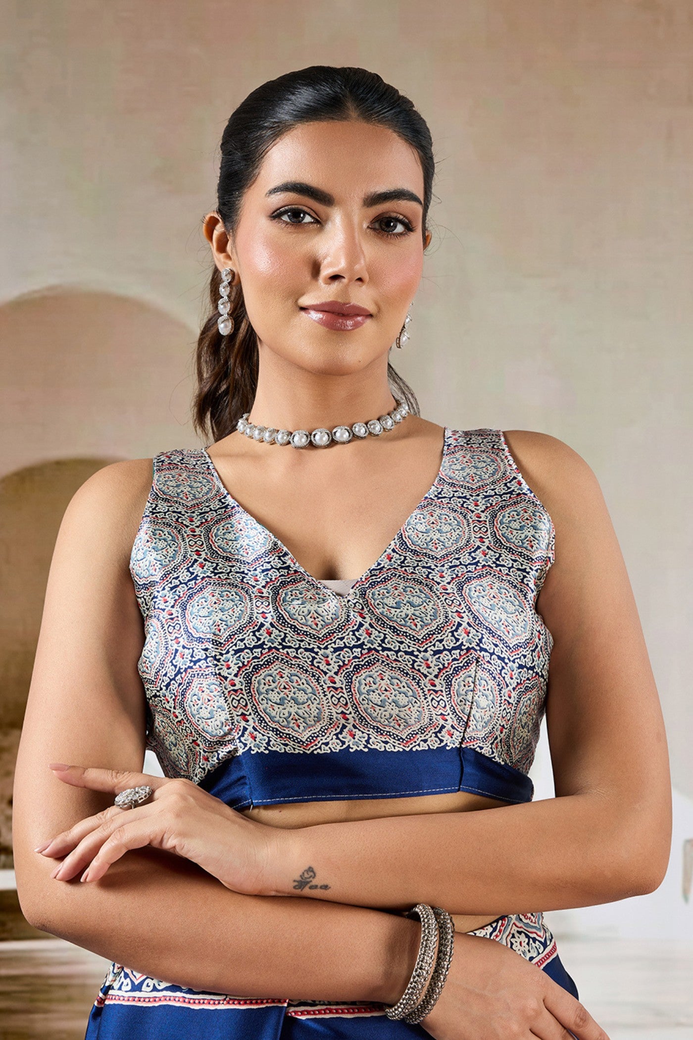 Buy MySilkLove Azure Blue Ajrakh Printed Satin Crepe Silk Saree Online