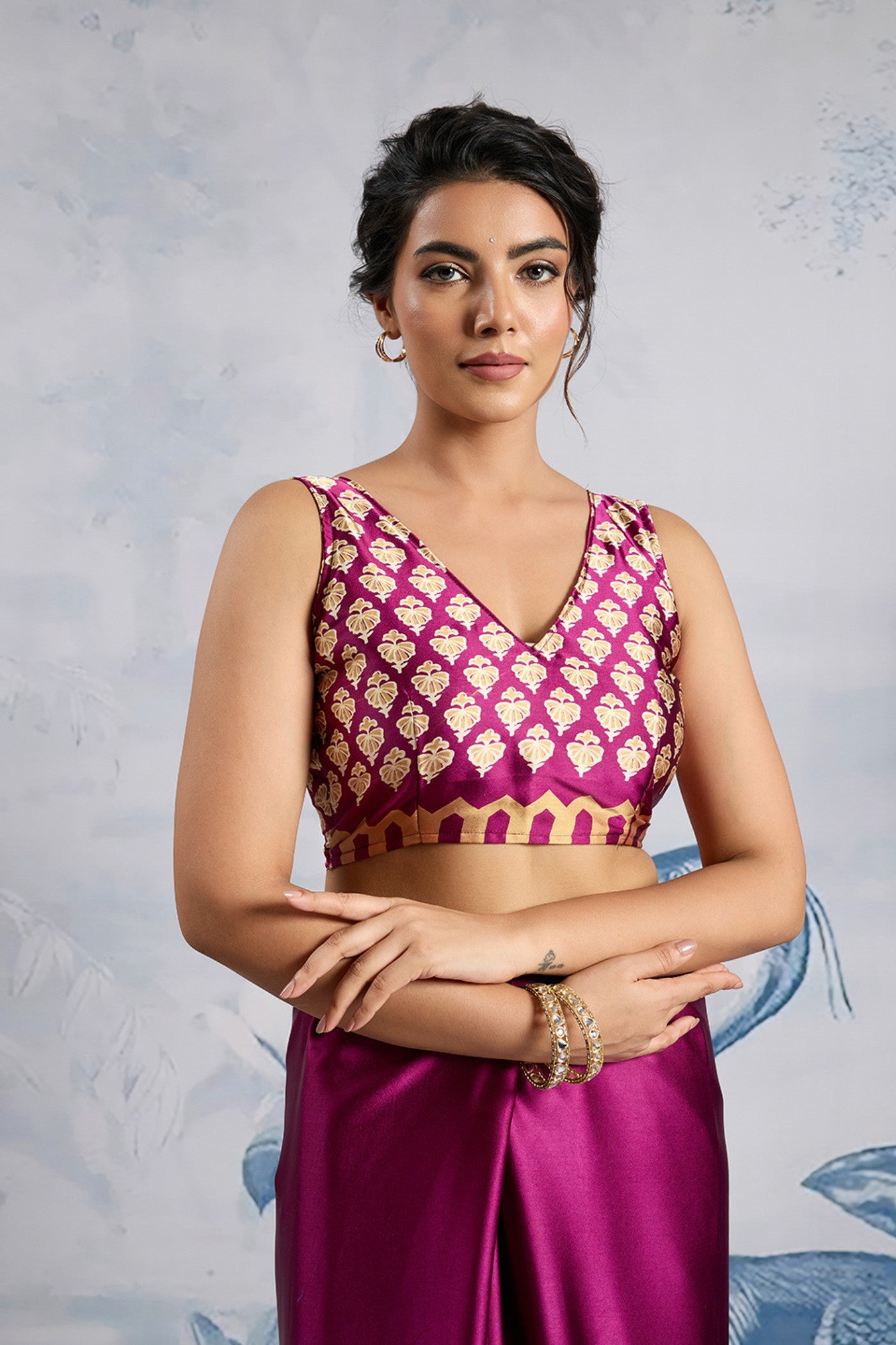 Buy MySilkLove Inked Plum Purple Printed Satin Crepe Silk Saree Online