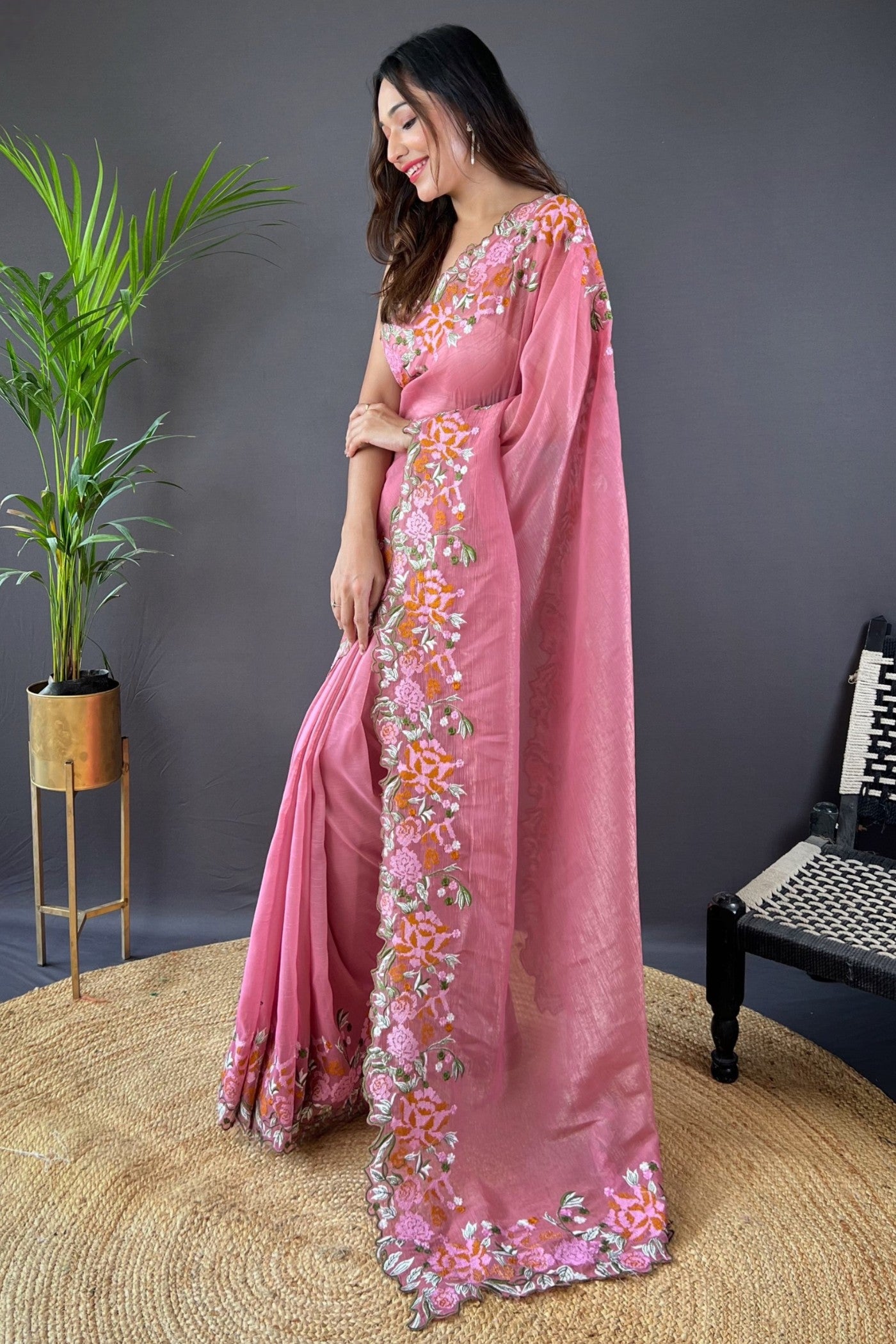 Buy MySilkLove Neon Pink Embroidered Party Wear Saree Online