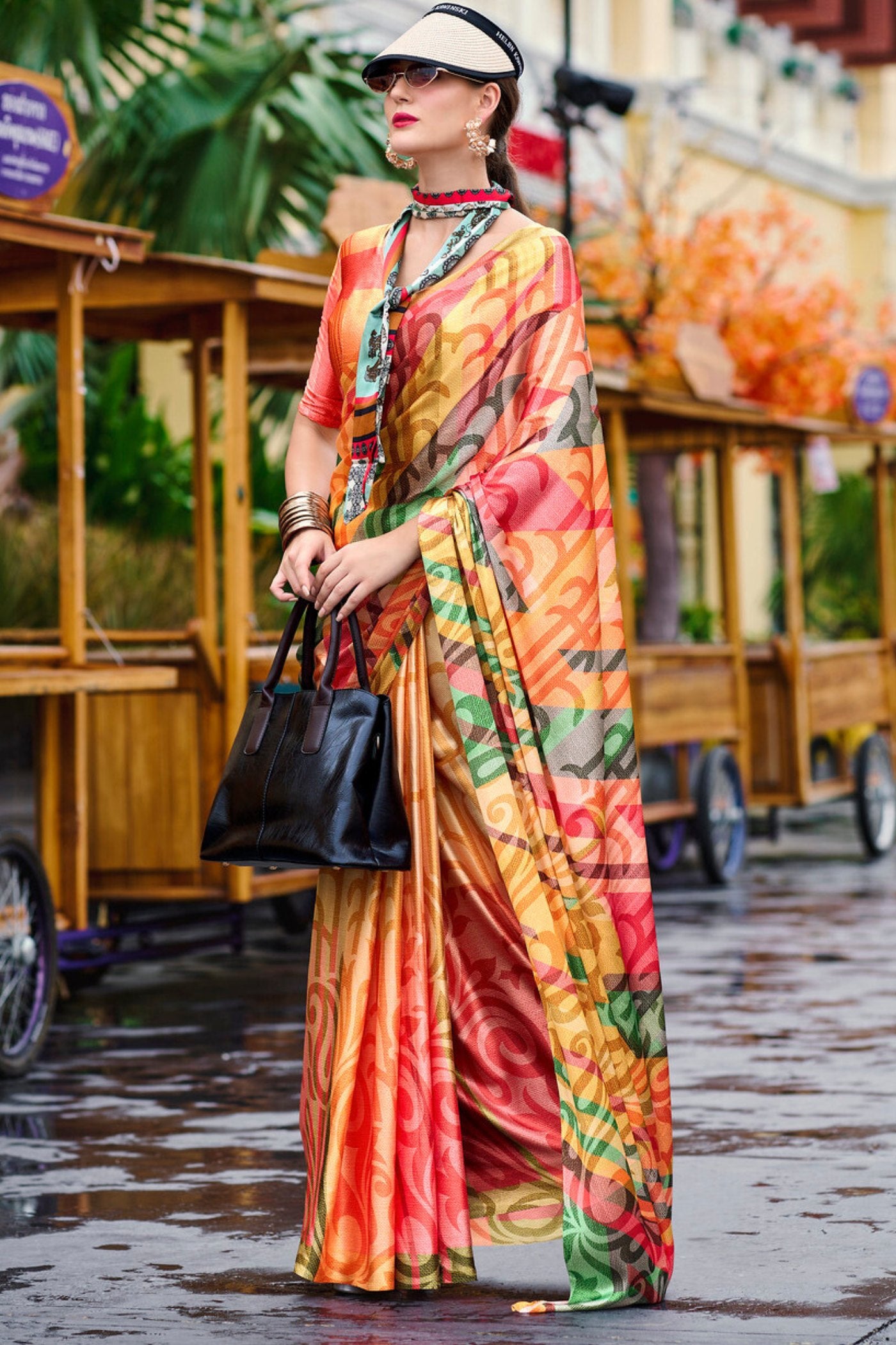 Buy MySilkLove Terracotta Orange Printed Satin Crepe Silk Saree Online