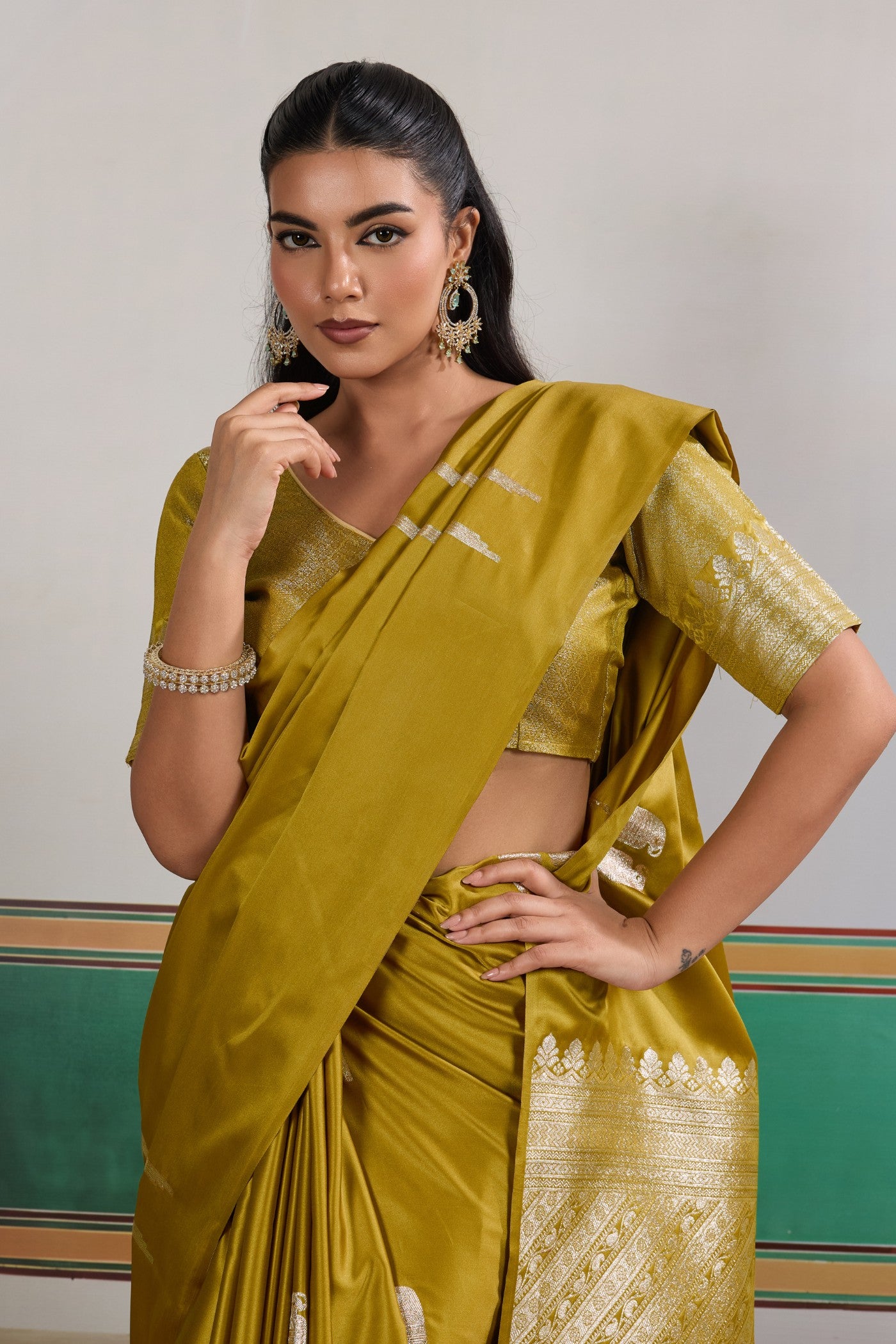 MySilkLove Olive Green Handloom Satin Soft Silk Saree
