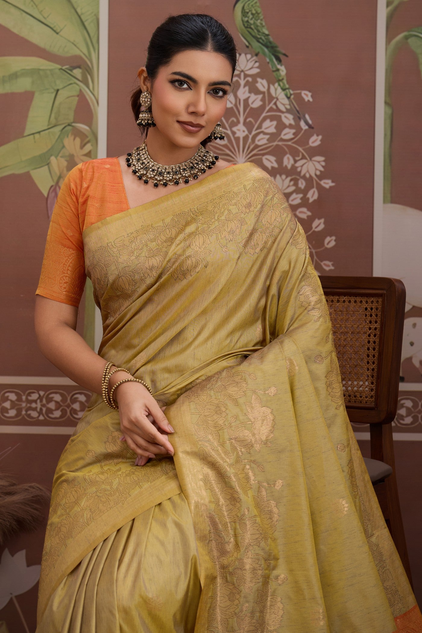Buy MySilkLove Apple Green Banarasi Handloom Tussar Saree Online