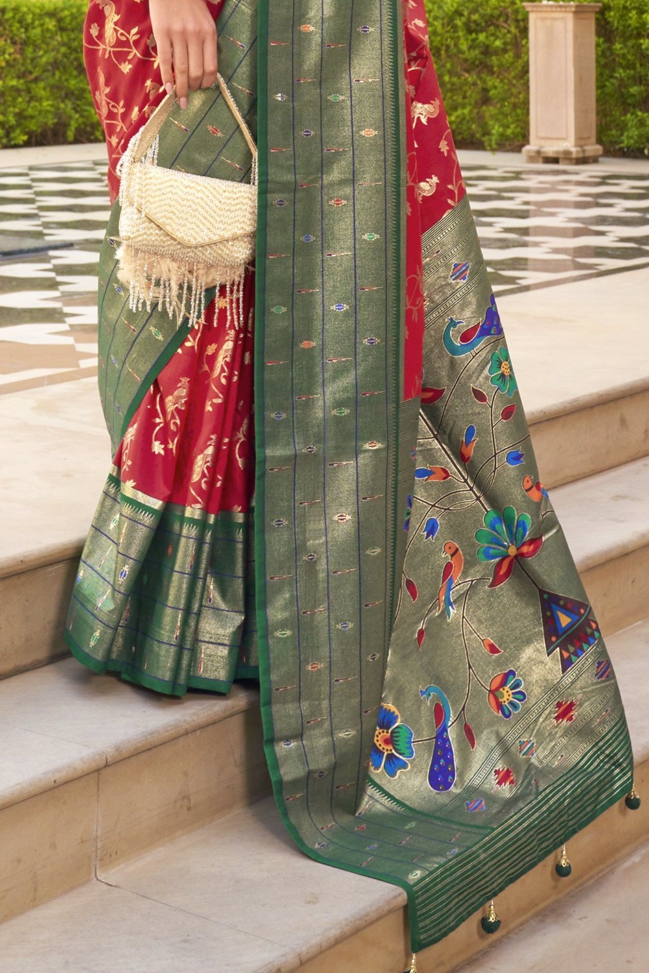 Buy MySilkLove Fire Red and Green Woven Paithani Designer Saree Online