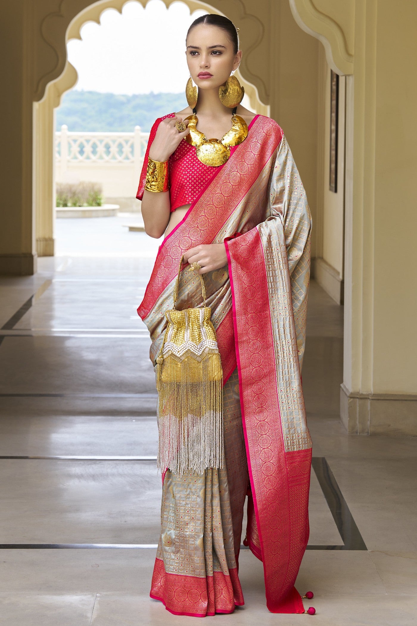 Buy MySilkLove Silver Rust Grey Woven Kanjivaram Saree Online