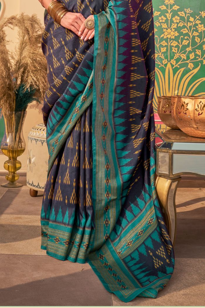 Buy MySilkLove Berry Blue Printed Banarasi Soft Silk Saree Online