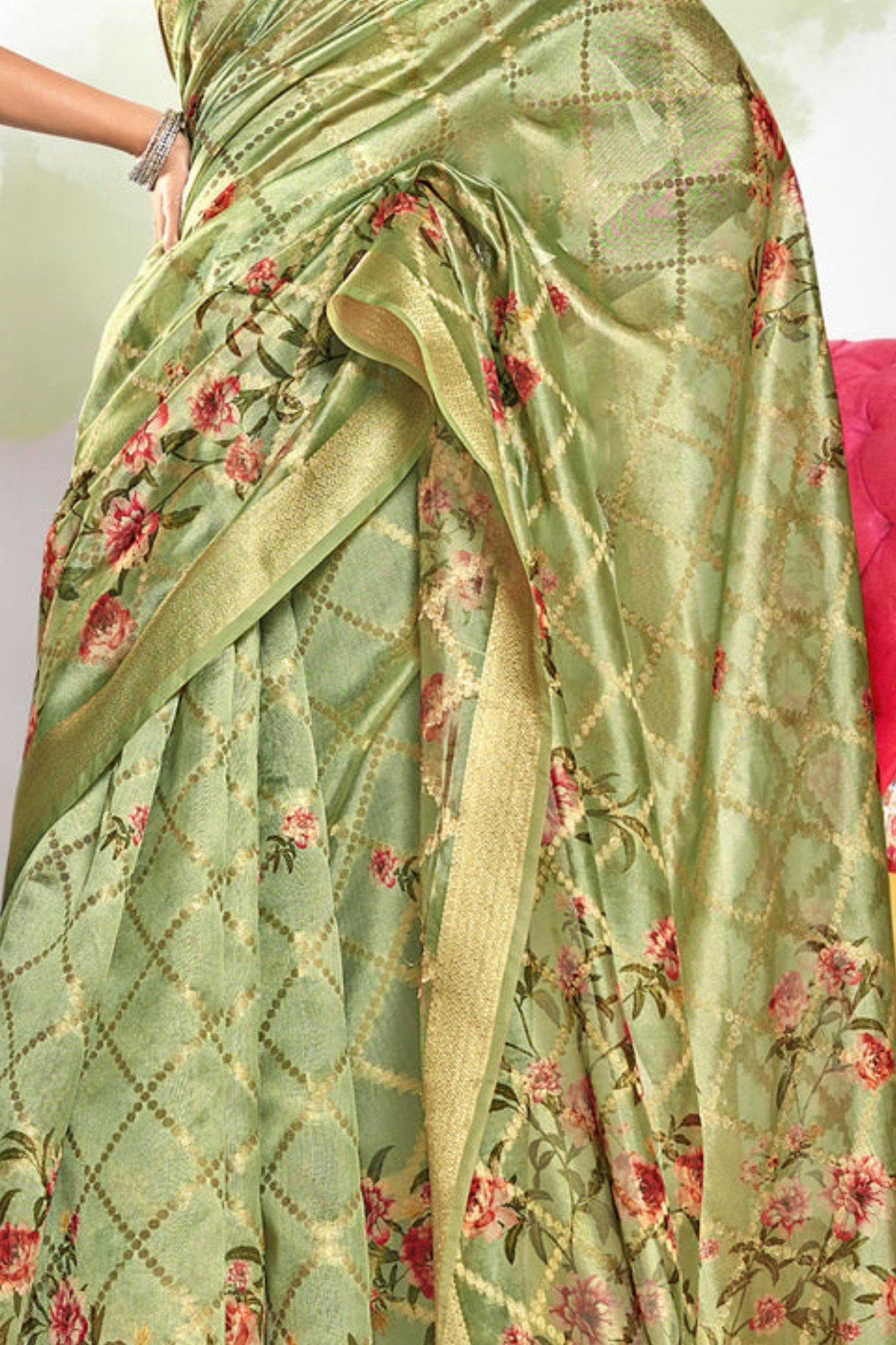 Buy MySilkLove Locust Green Digital Printed Banarasi Saree Online