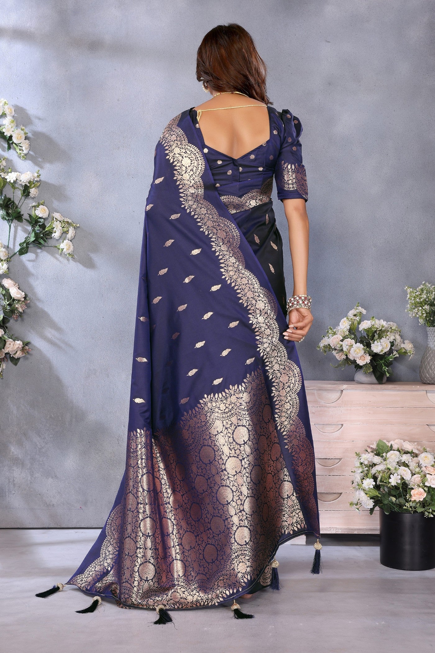 Buy MySilkLove Mulled Blue Woven Banarasi Saree Online