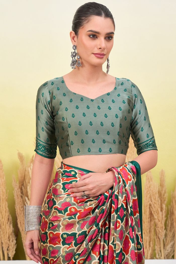 Buy MySilkLove Red Ink and Green Modal Satin Printed Silk Saree Online