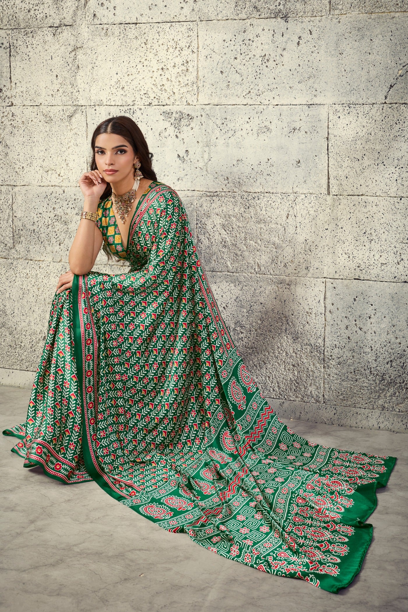 Buy MySilkLove Myrtle Green Modal Ajrakh Satin Printed Silk Saree Online