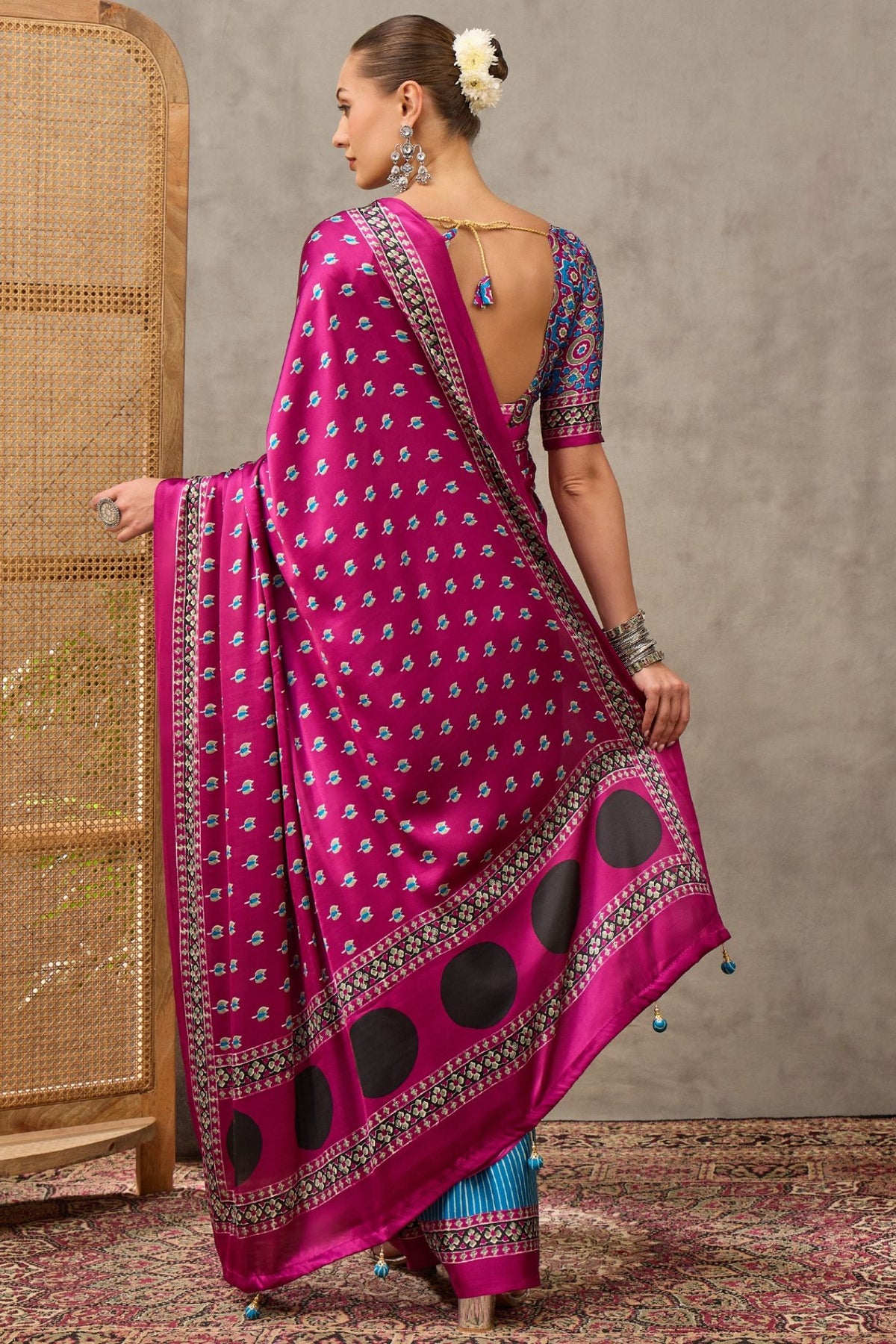 Buy MySilkLove Fuchsia Pink and Blue Modal Satin Printed Silk Saree Online