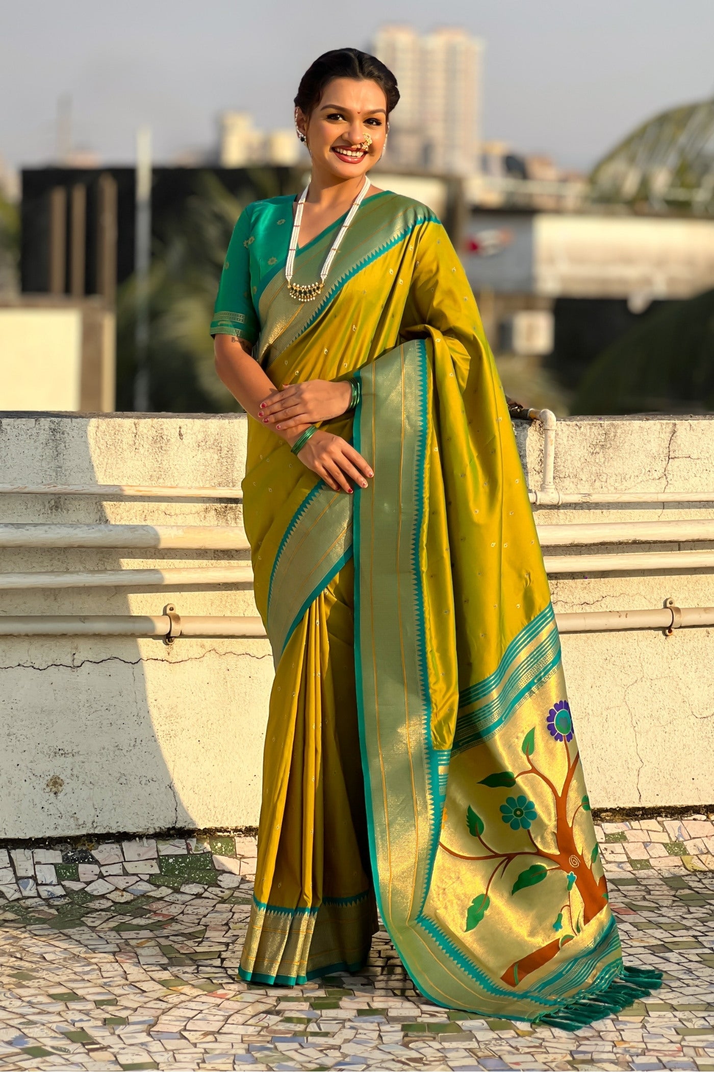 Buy MySilkLove Lime Green Zari Woven Paithani Saree Online