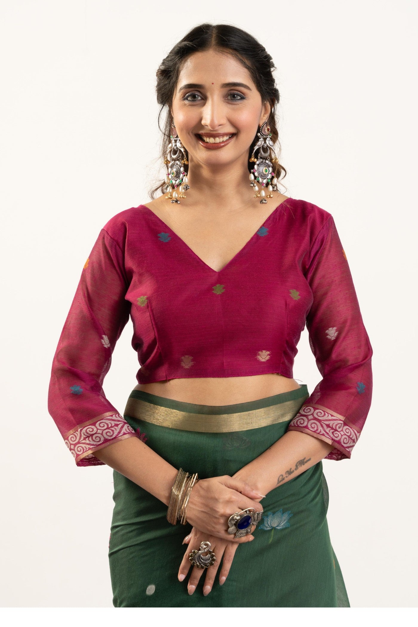 Buy MySilkLove Bottle Green Woven Soft Muga Cotton Saree Online