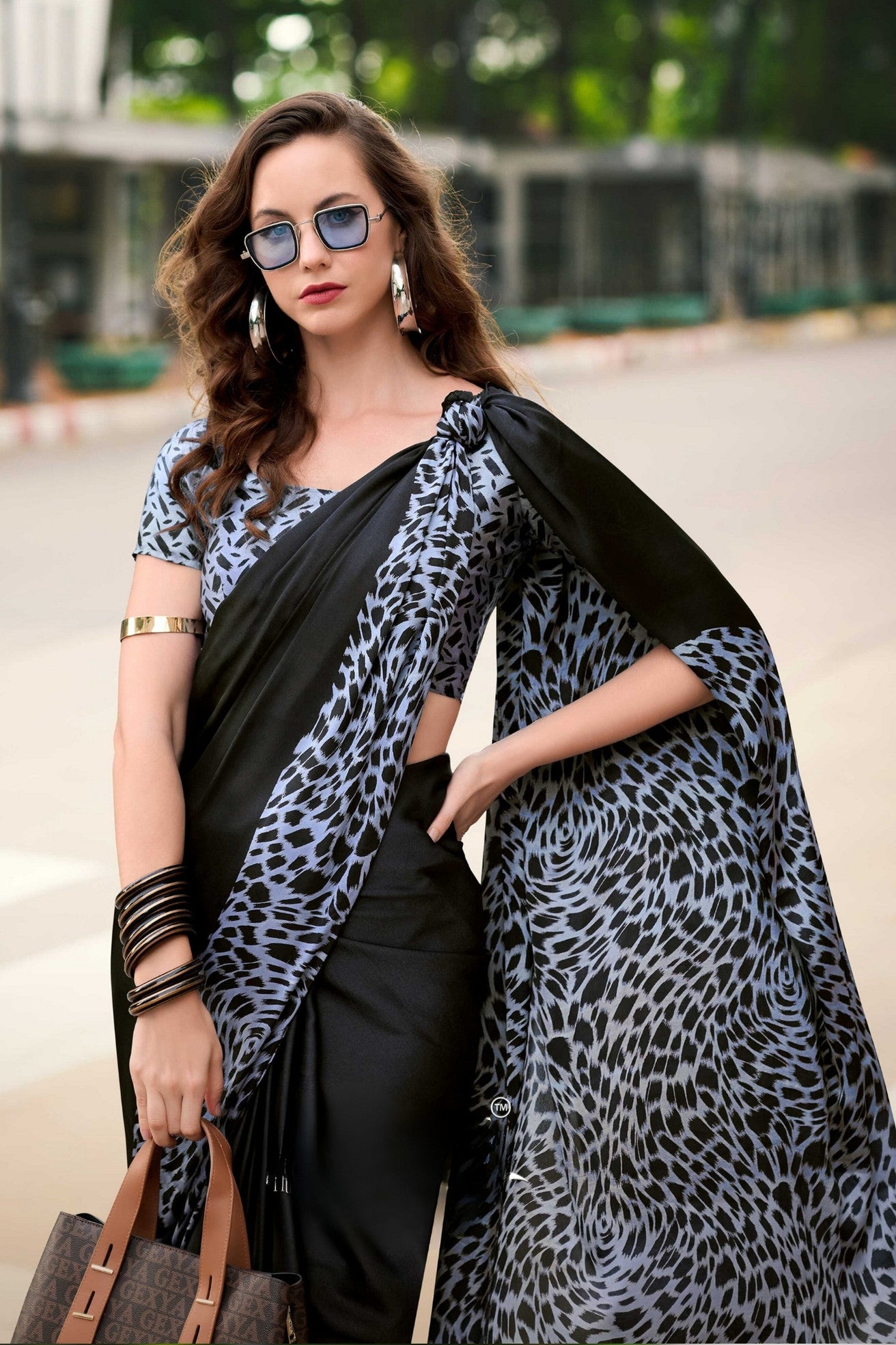 Buy MySilkLove Soot Black Printed Satin Crepe Saree Online