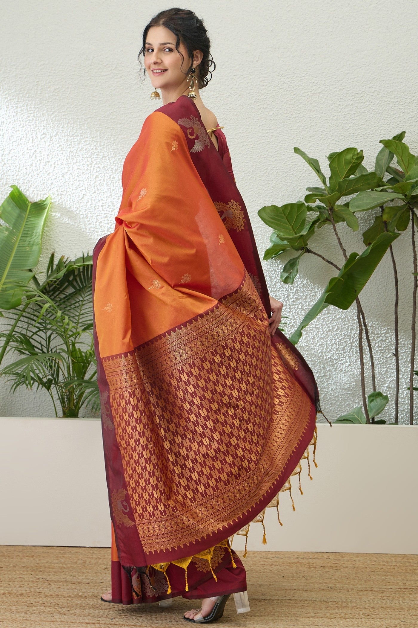 Buy MySilkLove Melon Orange Banarasi Handloom Soft Silk Saree Online