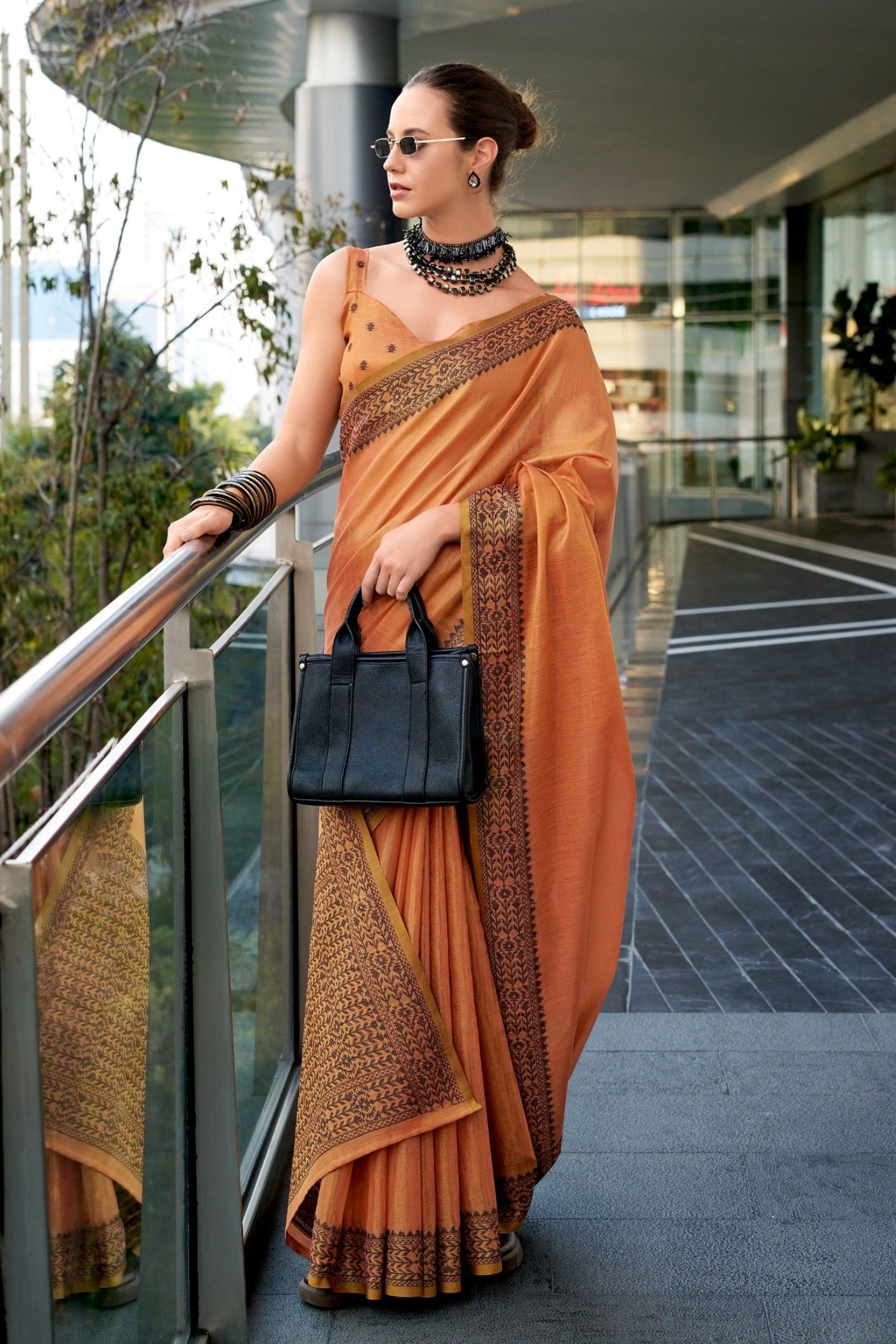 Buy MySilkLove Tiget Orange Linen Tissue Silk Saree Online