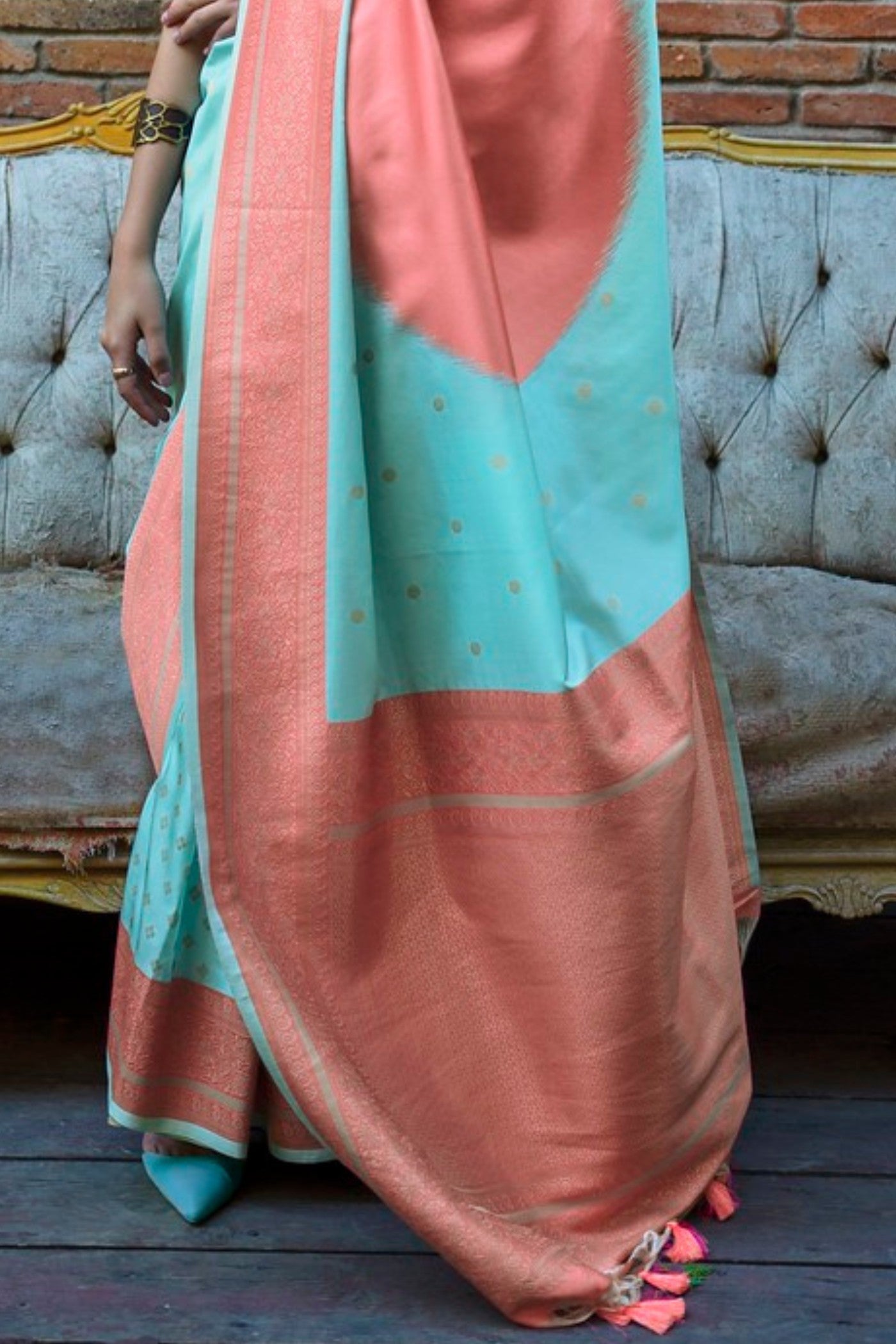 Buy MySilkLove Winter Blue and Peach Banarasi Handloom Saree Online