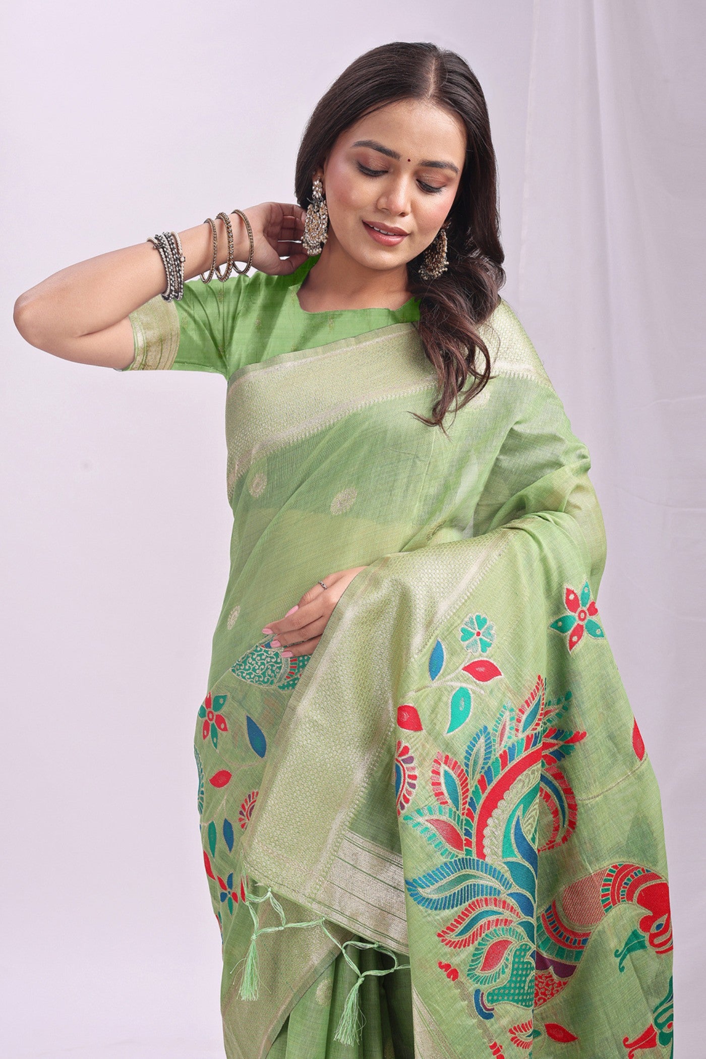 MySilkLove Pistachio Green Woven Linen Cotton Saree