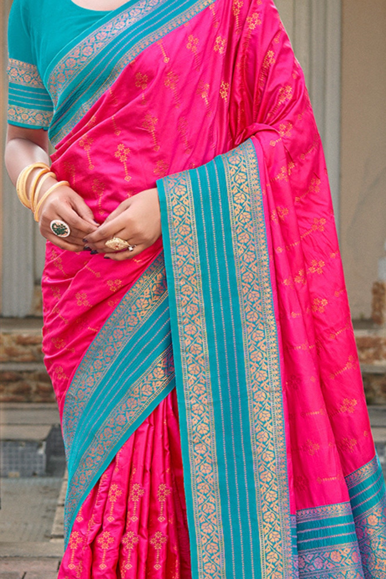 Buy MySilkLove Razzmatazz Pink and Blue Woven Banarasi Saree Online