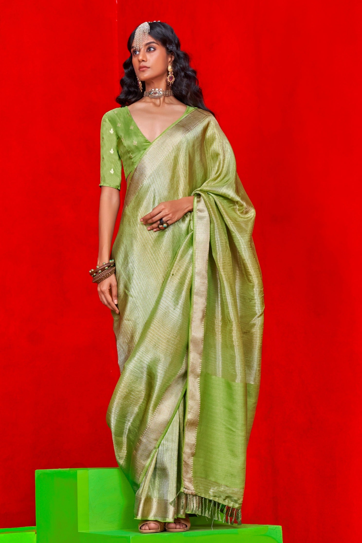 Buy MySilkLove Pista Green Tissue Handloom Saree Online