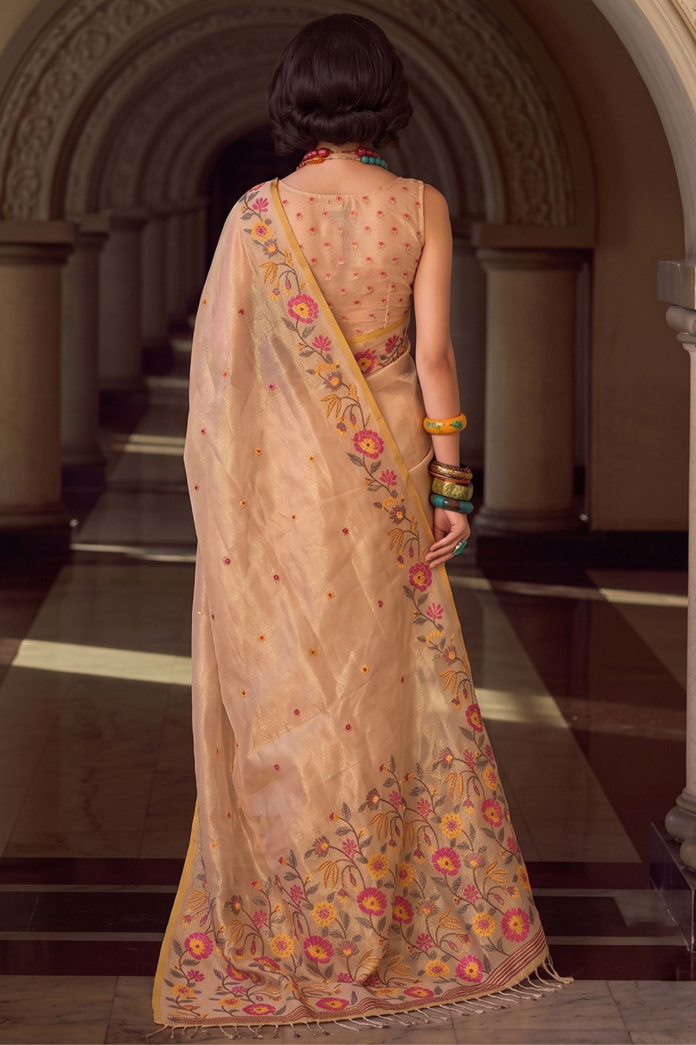 Buy MySilkLove Ecru Cream Woven Floral Tissue Saree Online