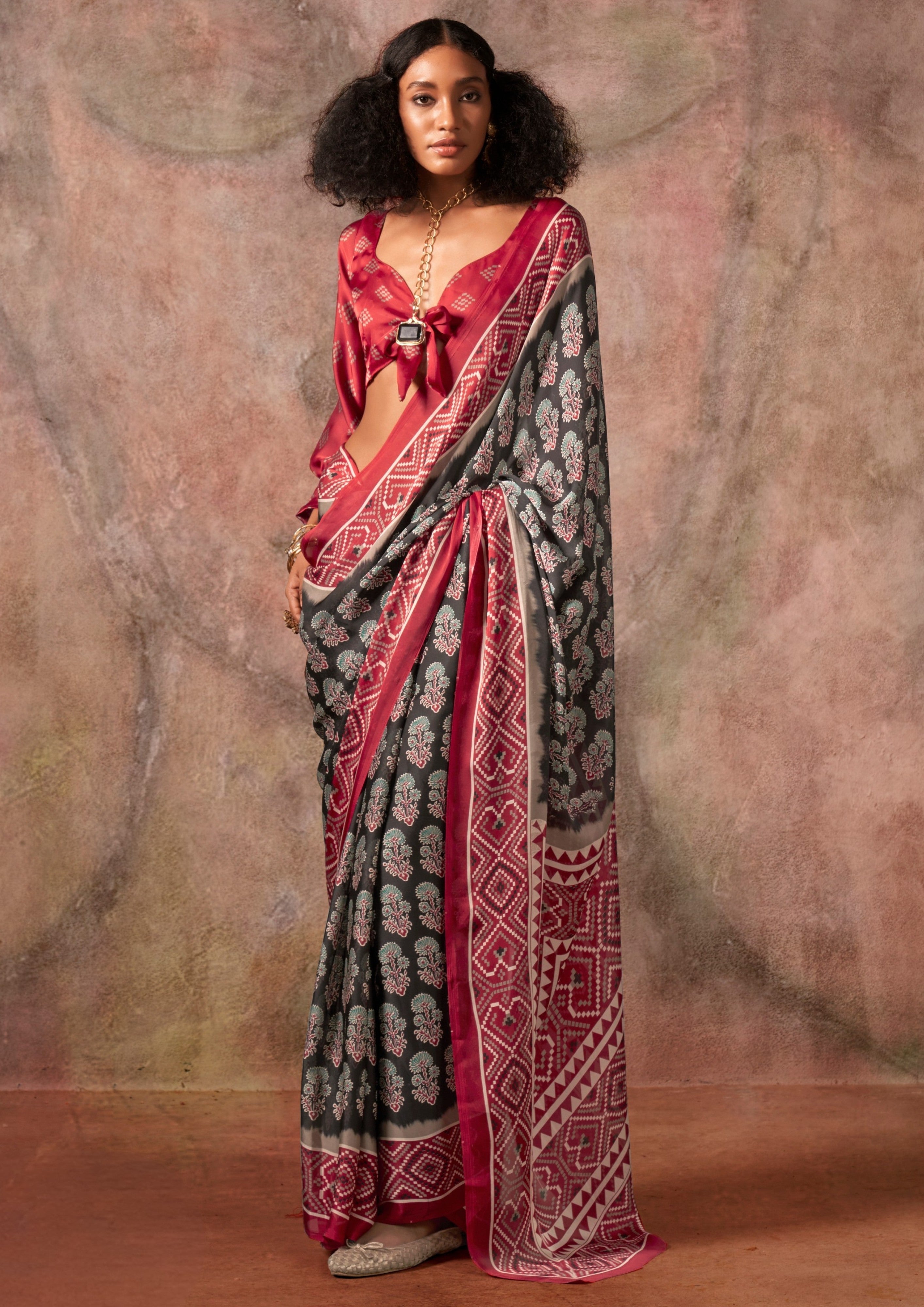 Buy MySilkLove Aged Black and Maroon Ajrakh Printed Satin Georgette Silk Saree Online
