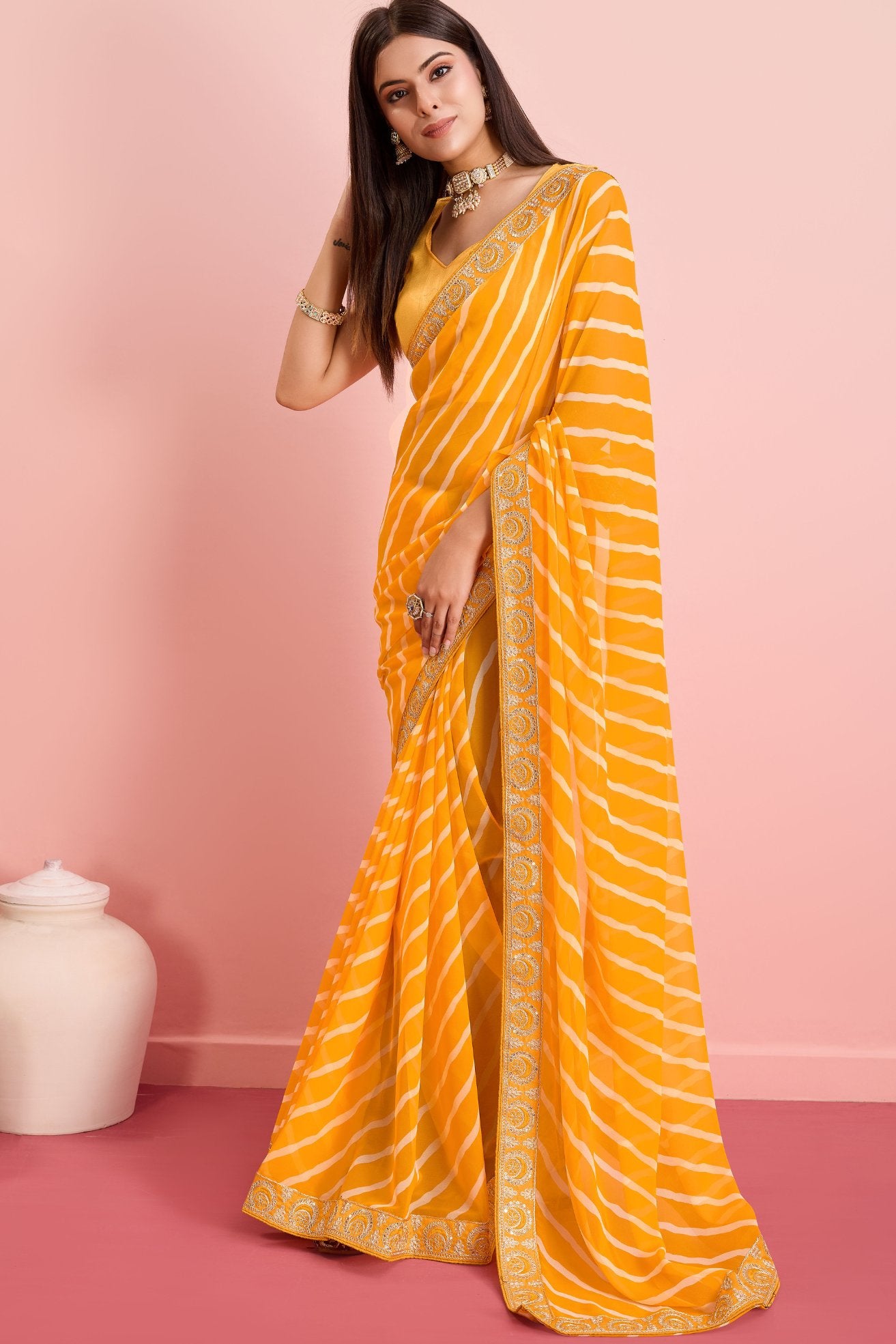 MySilkLove Picasso Yellow Georgette Lehriya Silk saree